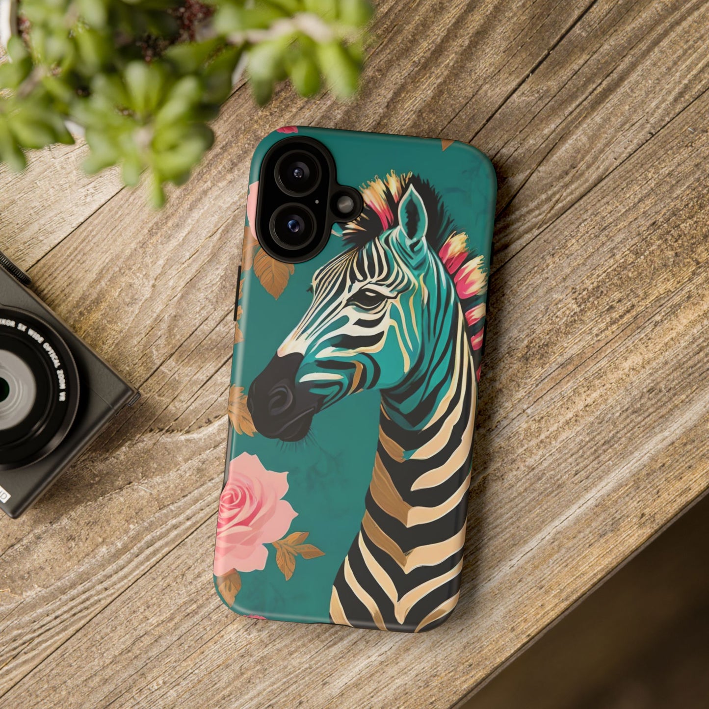 Phone Case - Elegant Teal & Gold Zebra & Roses Design