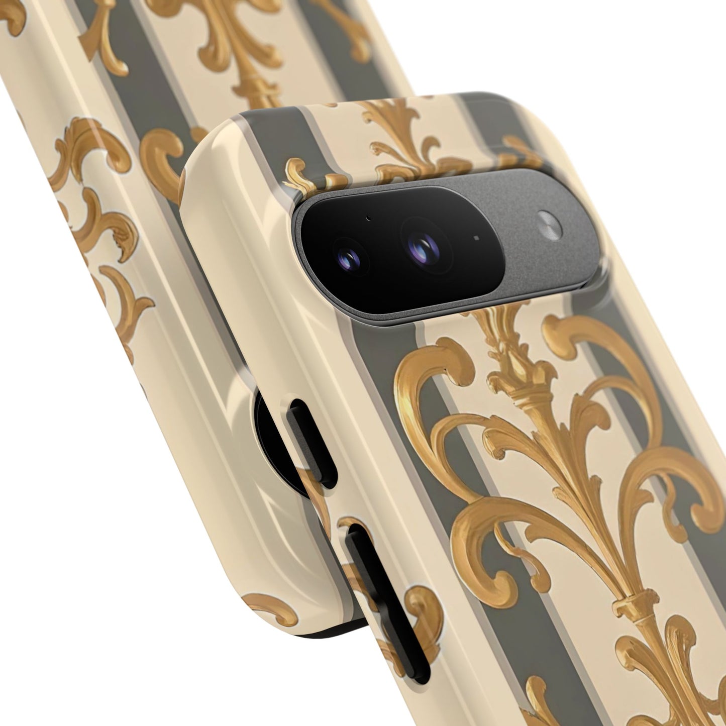 Elegant Floral Motif Phone Case - Tough Cases with Vintage Design - Dusk Olive Striped Gold Damask