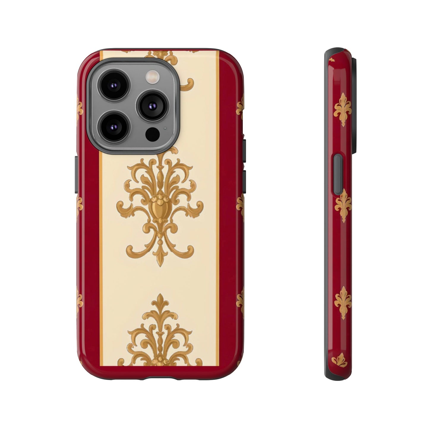Elegant Floral Motif Phone Case - Tough Cases with Vintage Design - Dusk Red Striped Gold Damask