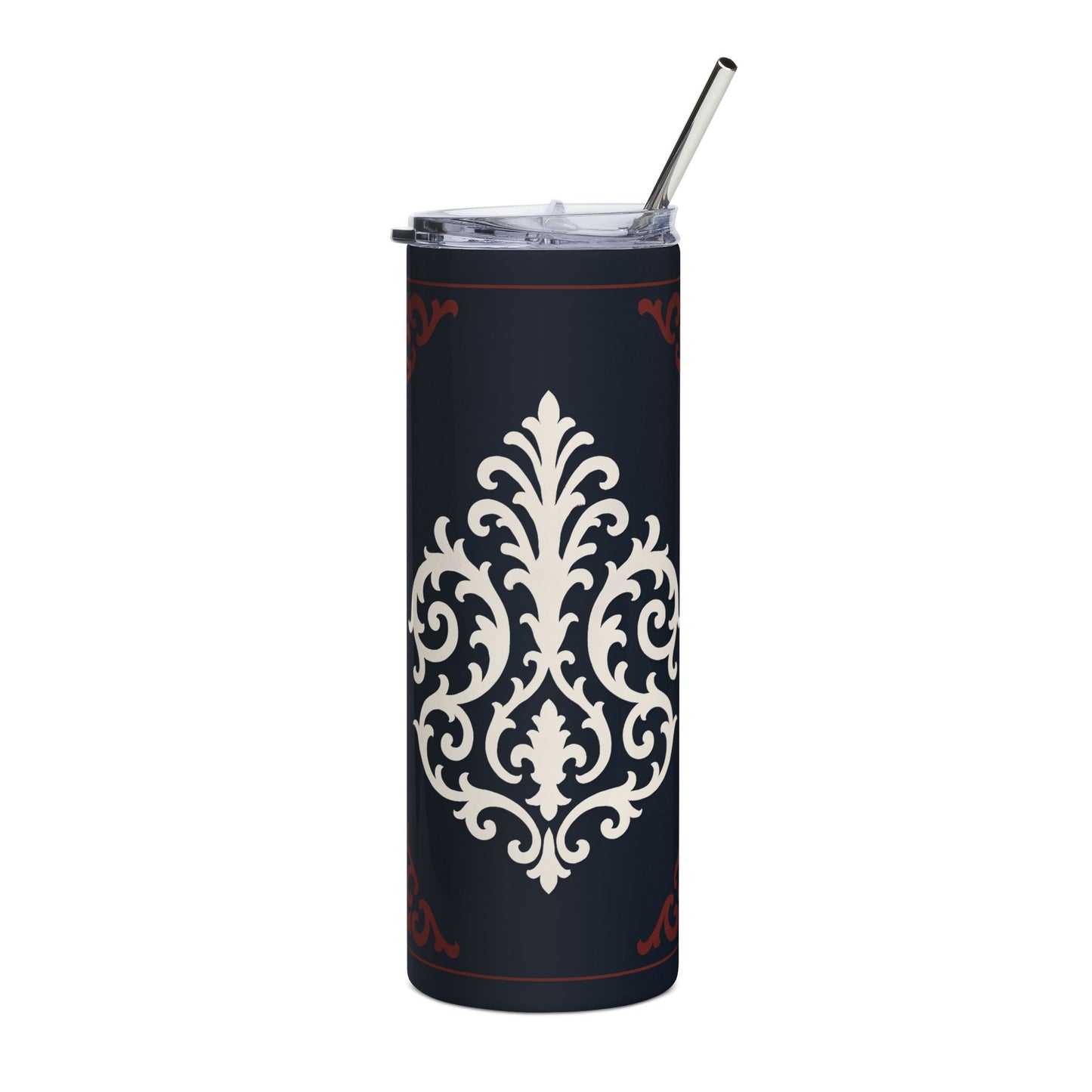 Dusk Blue-Maroon & White Baroque 20oz Stainless Tumbler — Elegant Baroque Dusk Blue & White Insulated Travel Cup
