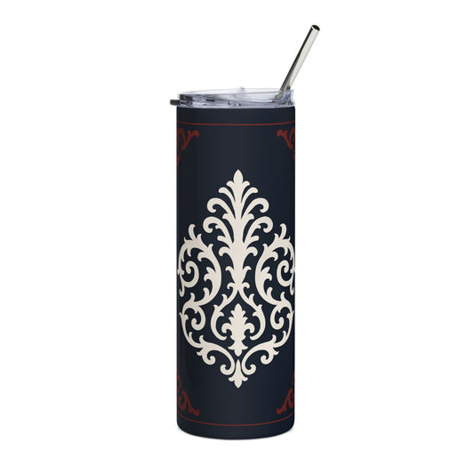 Dusk Blue-Maroon & White Baroque 20oz Stainless Tumbler — Elegant Baroque Dusk Blue & White Insulated Travel Cup