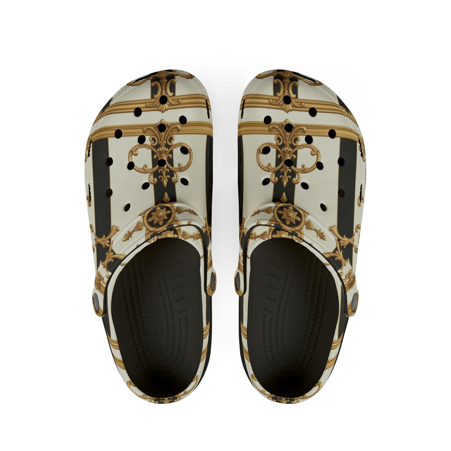 Chic EVA Foam Rubber Clogs, Stylish Gardening Shoes, Unique Pattern Slippers, Trendy Indoor/Outdoor Footwear - Black & White Striped Gold Baroque