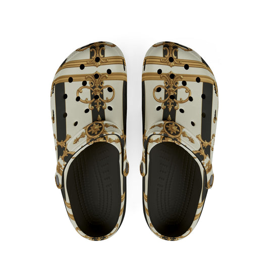 Chic EVA Foam Rubber Clogs, Stylish Gardening Shoes, Unique Pattern Slippers, Trendy Indoor/Outdoor Footwear - Black & White Striped Gold Baroque