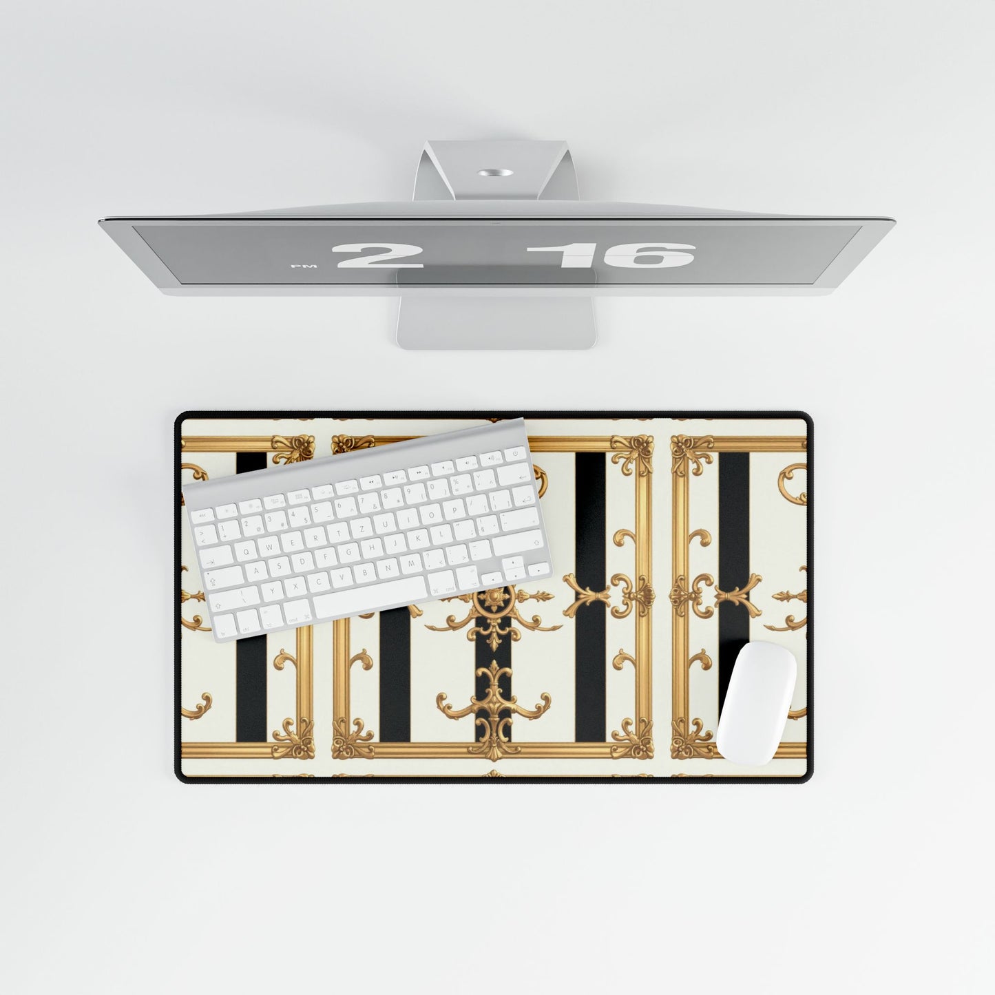 Elegant Desk Mats for Home Office, Stylish Desk Accessories, Chic Workstation Decor, Perfect Gift for Boss's Day - Black & White Striped Gold Baroque