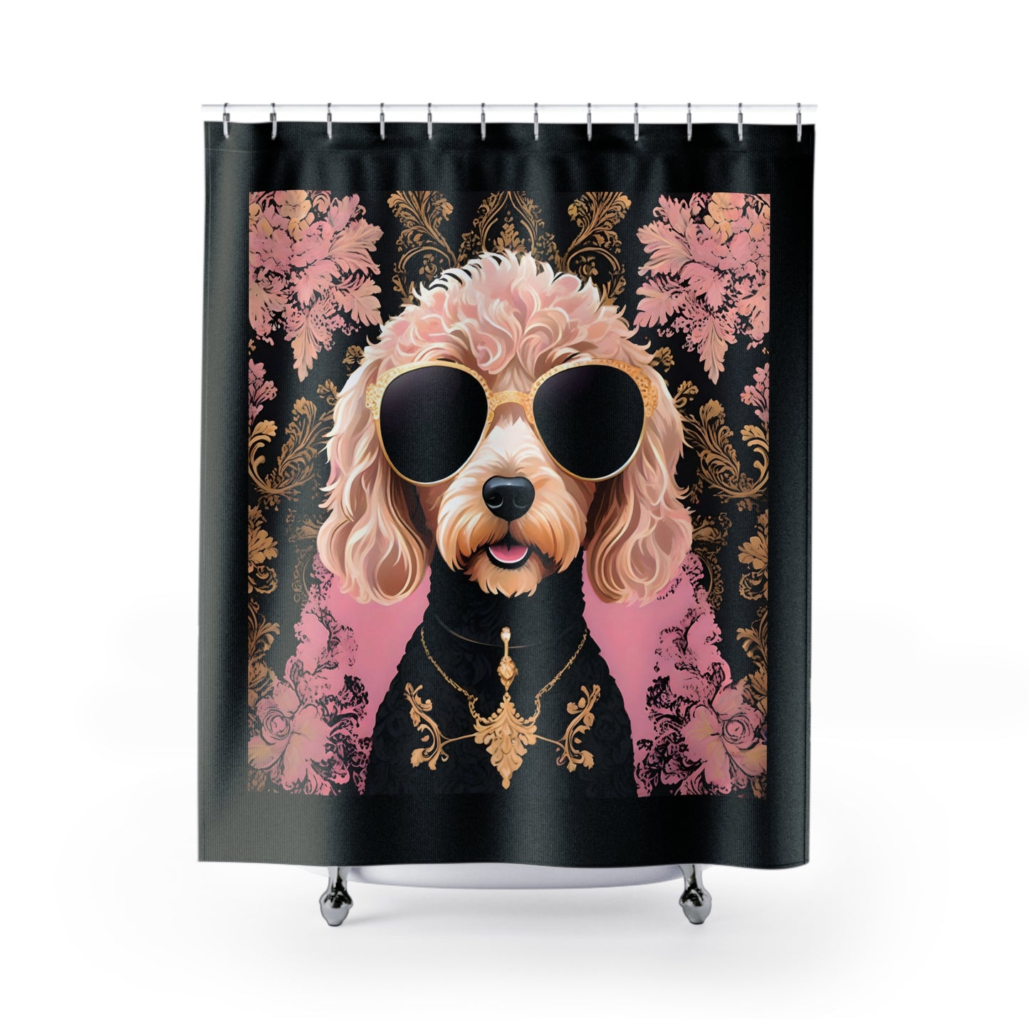 Shower Curtains - Elegant Vintage Floral with Golden Doodle In Sunglasses Design