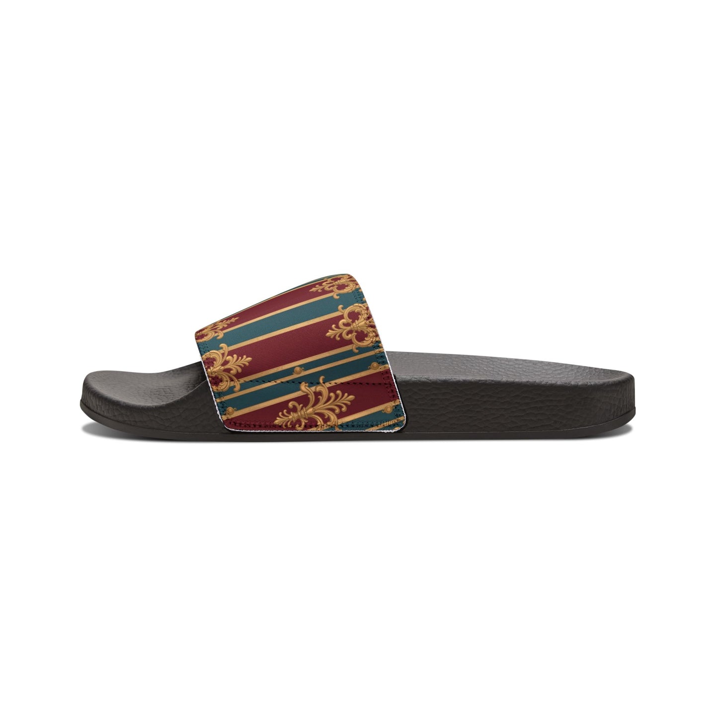 Chic Women's Removable-Strap Sandals, Summer Beach Footwear, Casual Slip-Ons, Trendy Slide Sandals - Burgundy Striped Gold Baroque