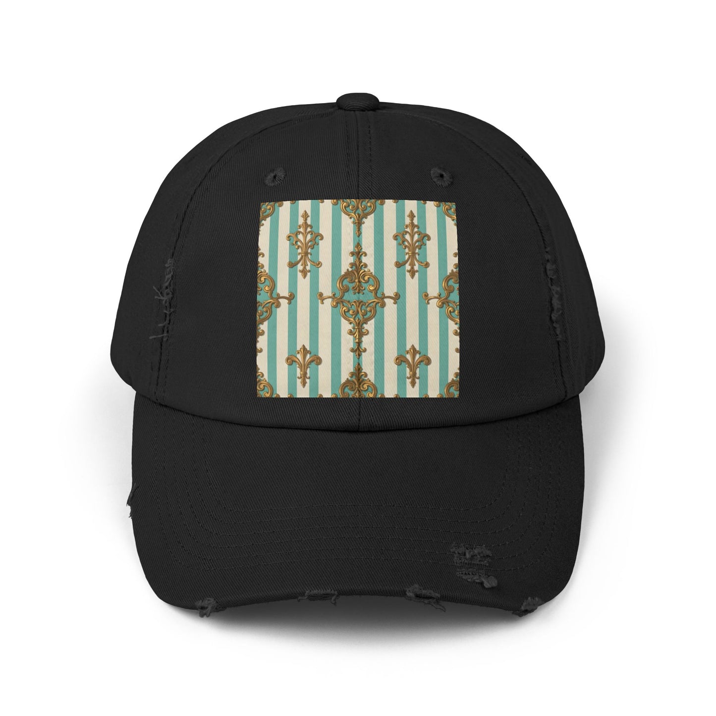 Stylish Unisex Distressed Cap with Vintage Pattern, Casual Hat for Everyday Wear, Gift for Birthdays - Matte Green Striped Rococo
