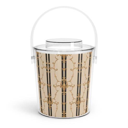 Elegant Vintage Ice Bucket with Tongs, Party Barware, Cocktail Accessory, Decorative Cooler - Black & Beige Striped Damask