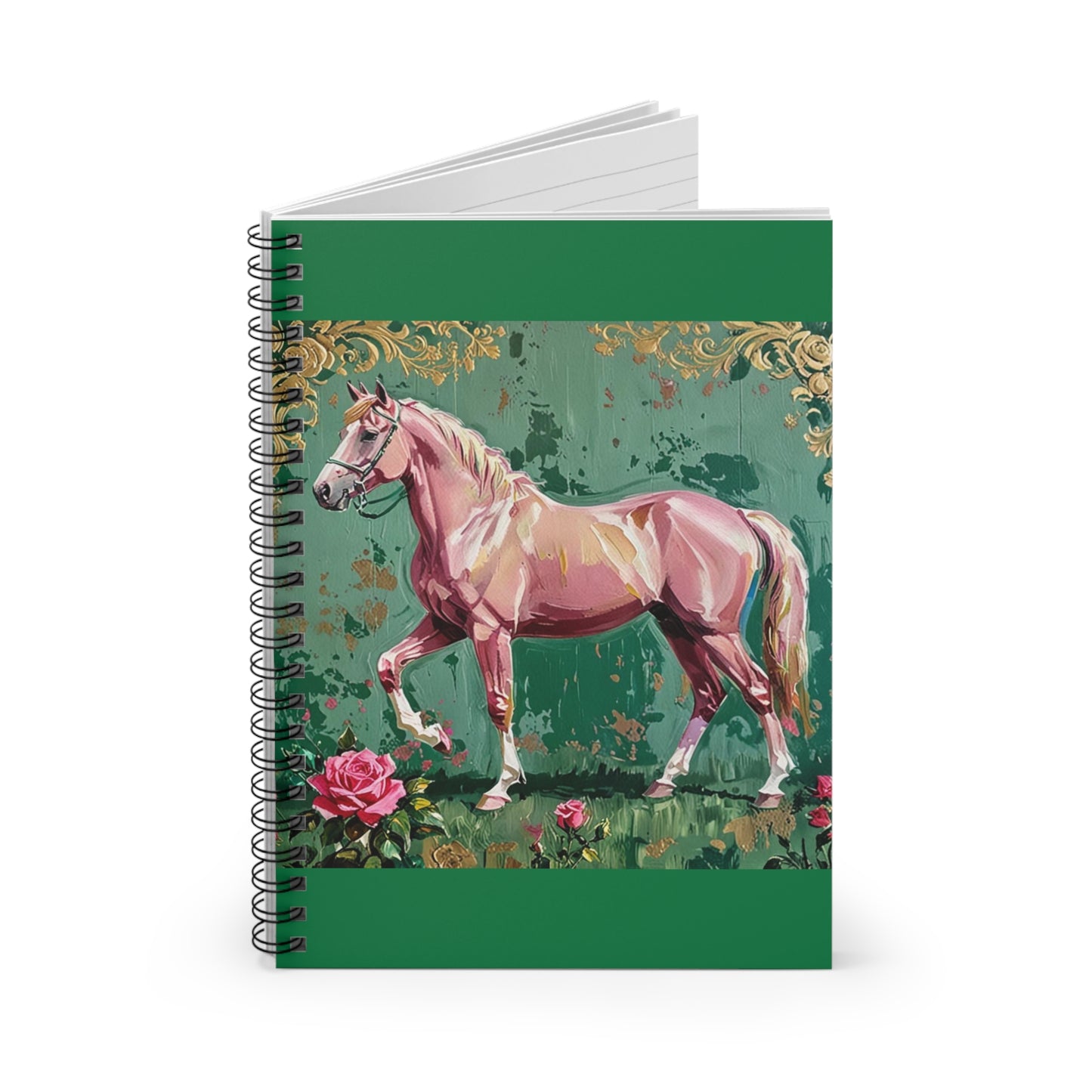 Elegant Vintage Spiral Notebook - Ruled Line with Pink Horse & Gold Damask
