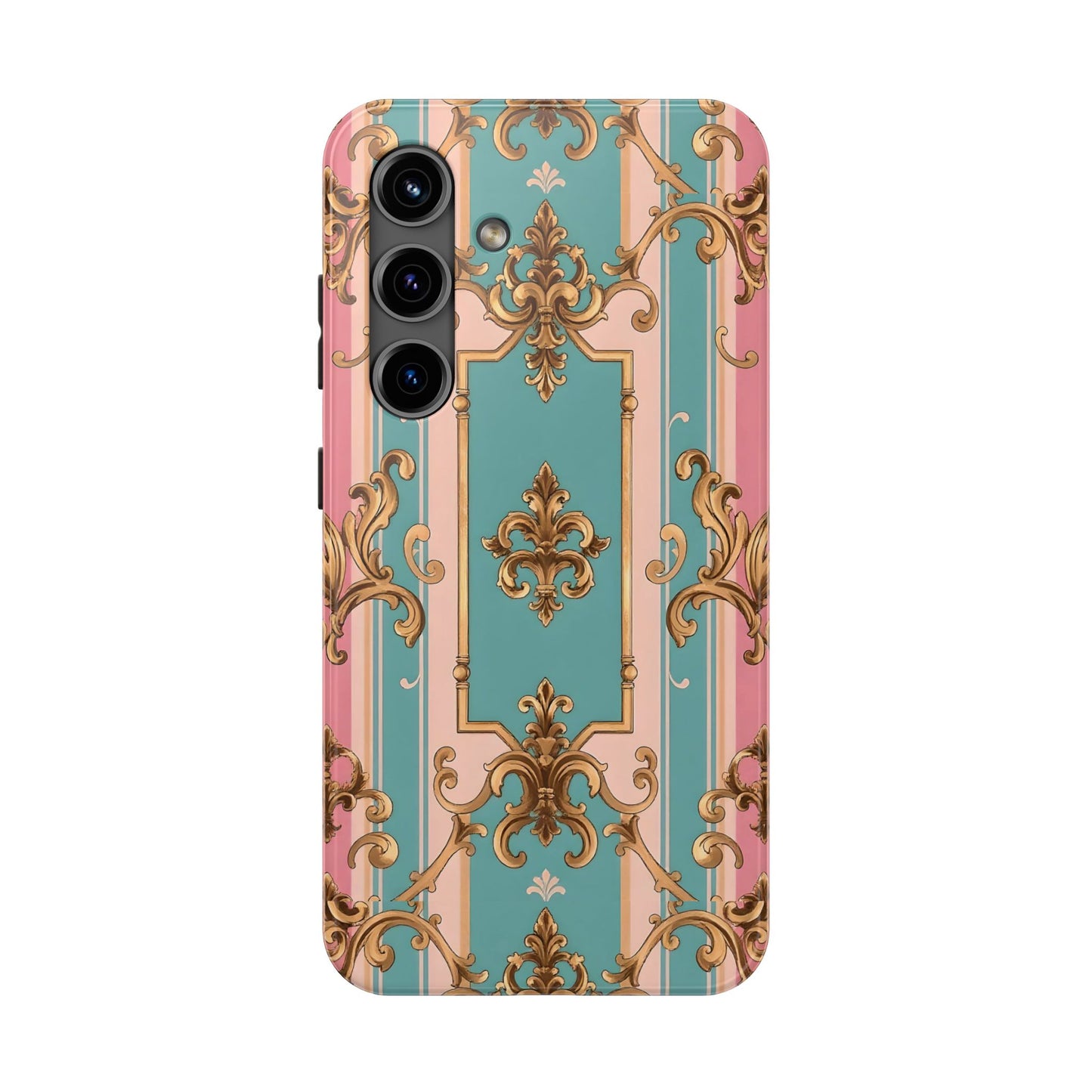 Elegant Floral Tough Phone Case, Artistic Phone Cover, Gift for Her, Chic Phone Accessory - Pink & Matte Turquoise Striped Rococo
