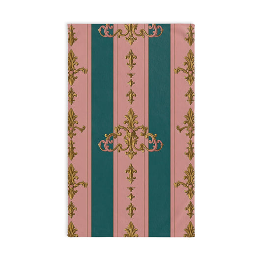 Elegant Vintage Hand Towel with Floral Stripes, Decorative Guest Towel, Kitchen Washcloth - Pink & Teal Striped Gold Baroque