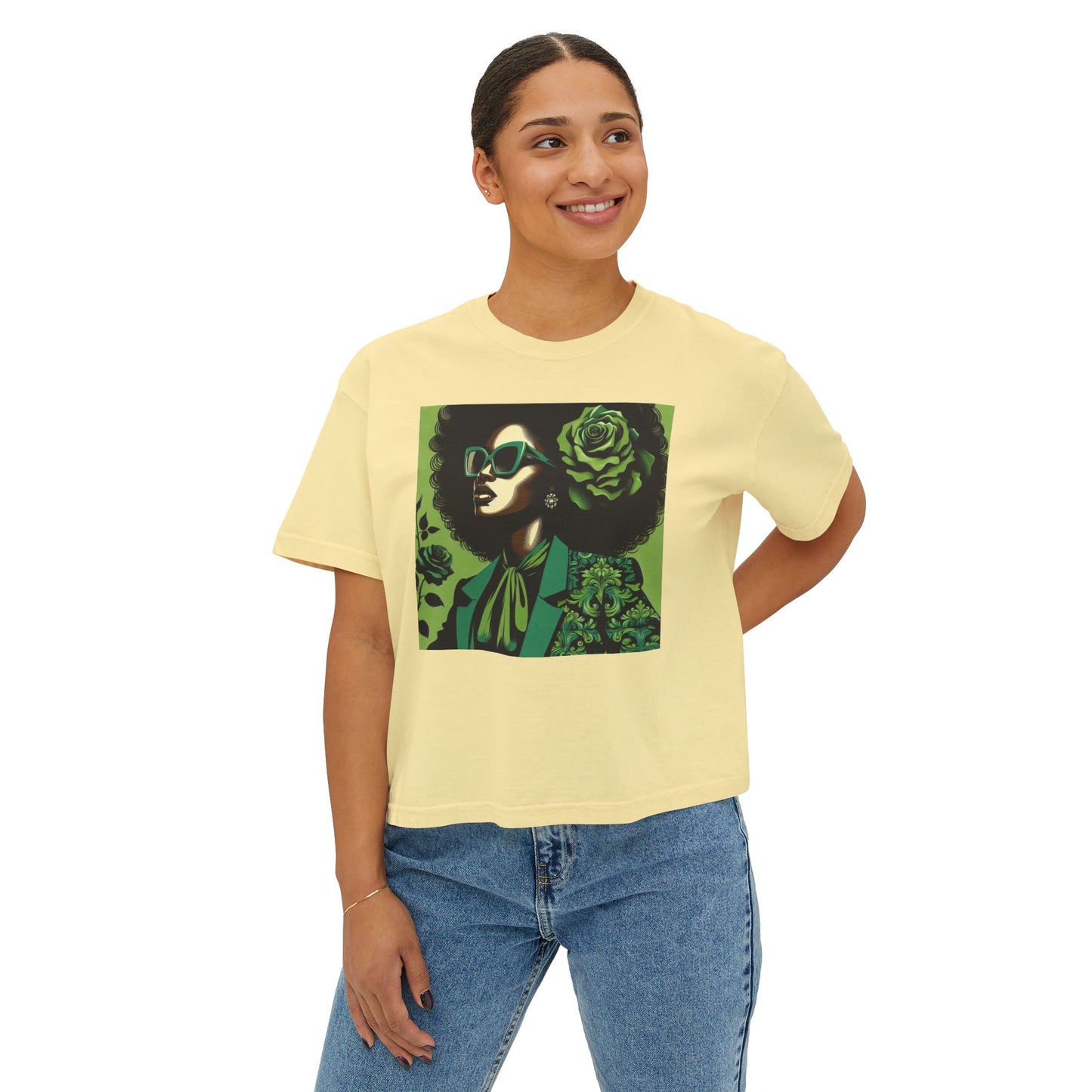Chic Women's Boxy Tee - Vintage Afro Art, Trendy Casual Look, Gift for Her, Summer Style, Eco-Friendly Fashion - Lady in Green Damask