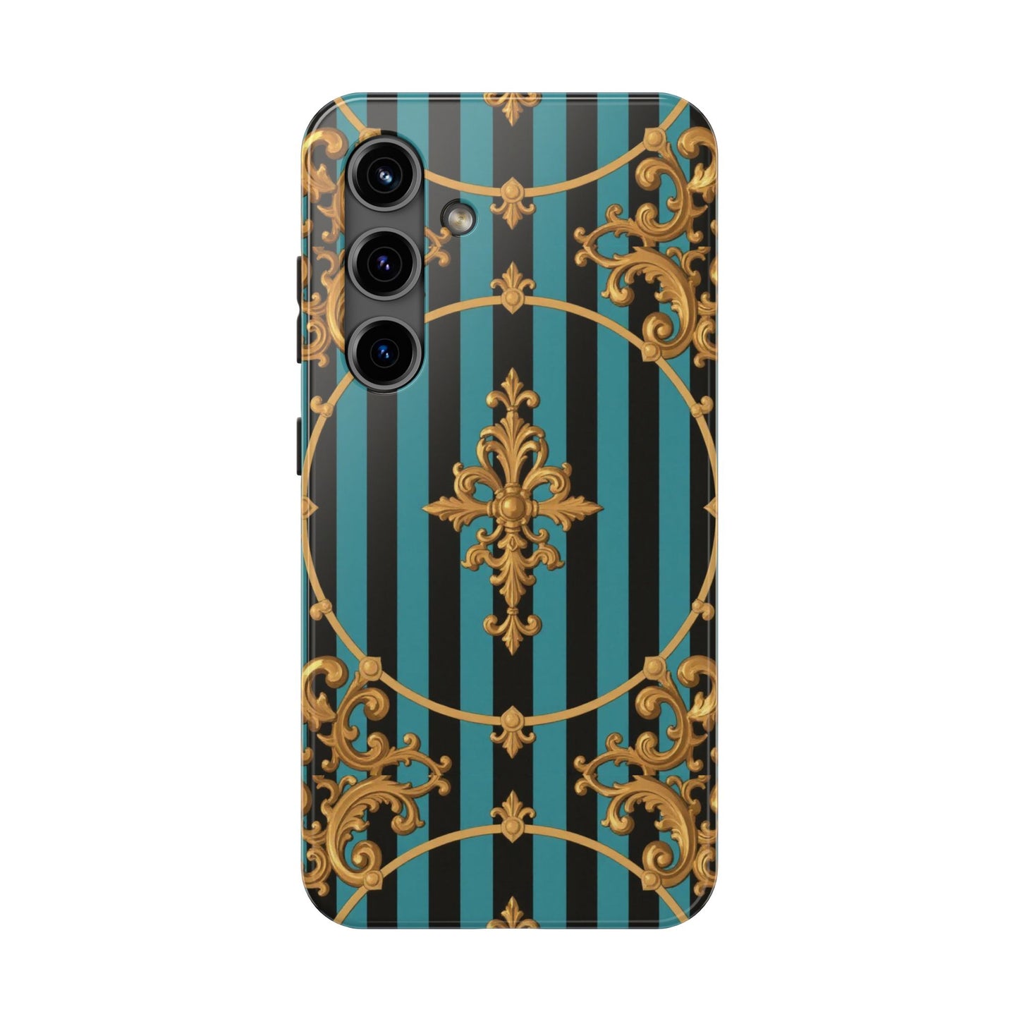 Elegant Turquoise & Black Striped Gold Baroque Phone Case, Tough Phone Cases for Fashion Lovers, Gift for Her, Luxury Accessories