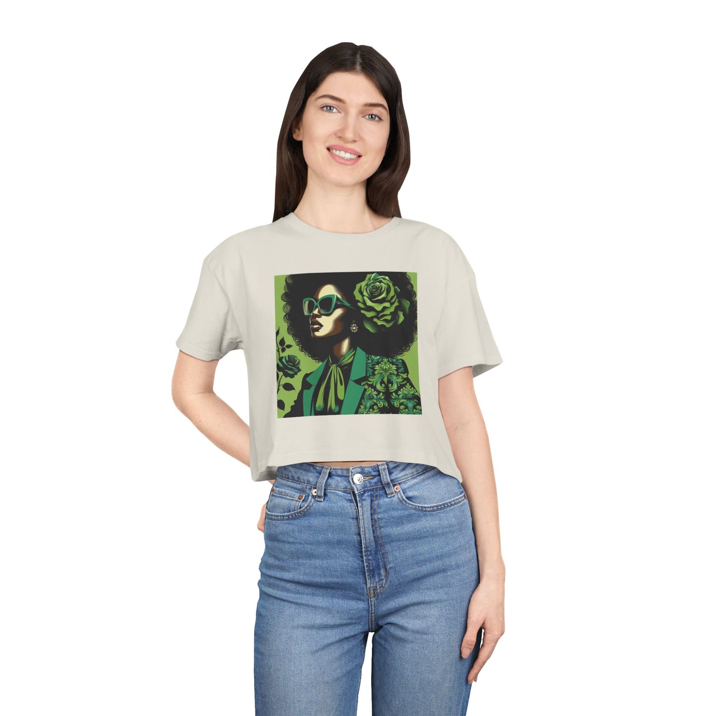 Stylish Women's Crop Tee with Damask Design | Trendy Summer Top, Afro Crop Shirt, Casual Wear, Gift for Her - Lady in Green Damask