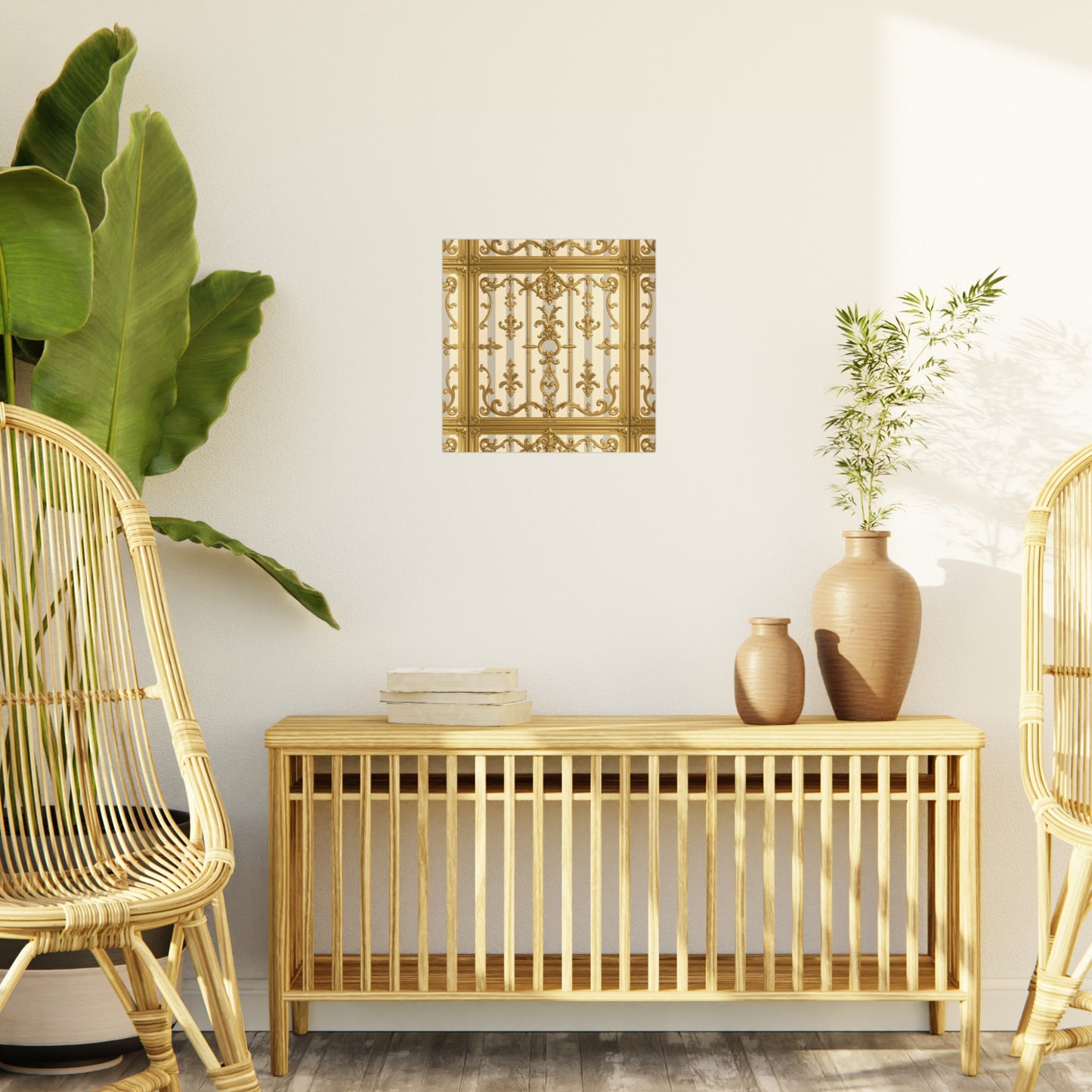 Elegant Ornate Foam Board Art - Luxury Wall Décor, Home Decoration, Versatile Display Board - Matte Gray & Cream Striped Gold Baroque