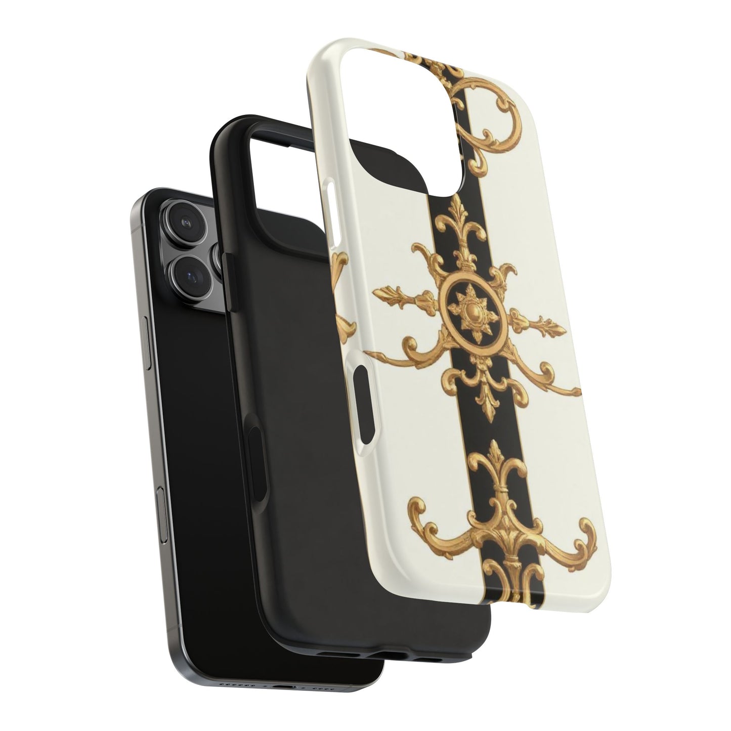 Elegant Baroque Tough Phone Case | Stylish Protection for Your Device, Gift for Her, Phone Accessories - Black & White Striped Gold Baroque