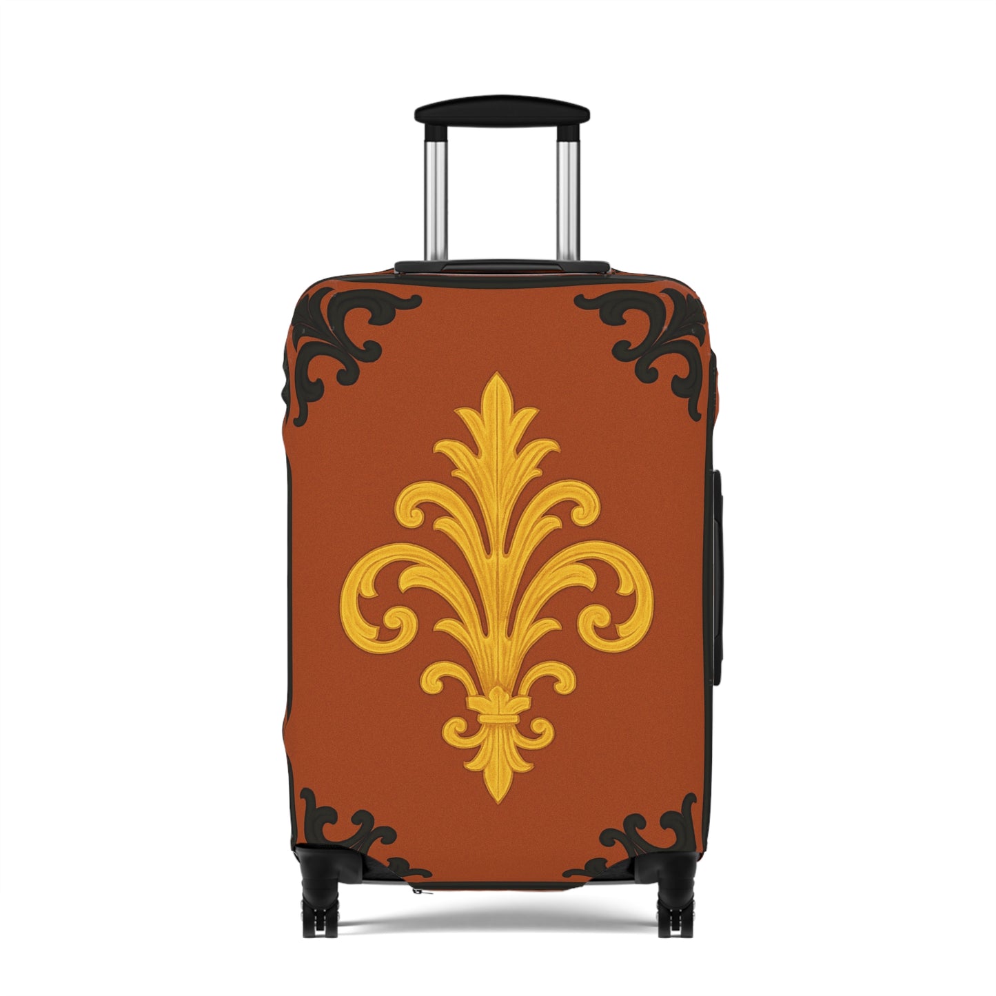 Dusk Terracotta Baroque - Vintage Gold Baroque Design Luggage Cover — Elegant Golden Scroll Travel Protector