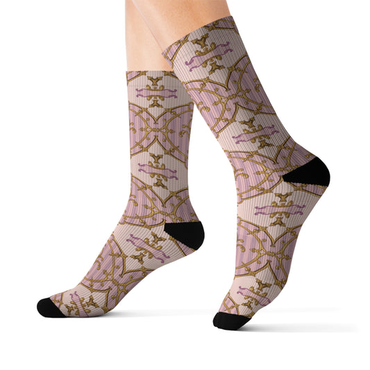 Stylish Lavender & Alabaster Striped Gold Baroque Sublimation Socks, Trendy Fashion Accessories, Gift for Her, Unique Print Socks
