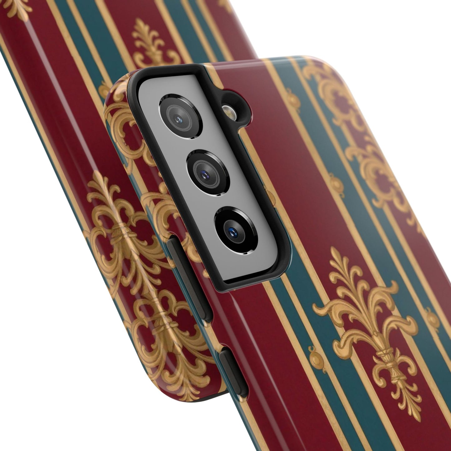 Elegant Vintage Tough Phone Case, Luxury Phone Protection, Stylish Phone Cover, Durable Phone Accessory - Burgundy Striped Gold Baroque