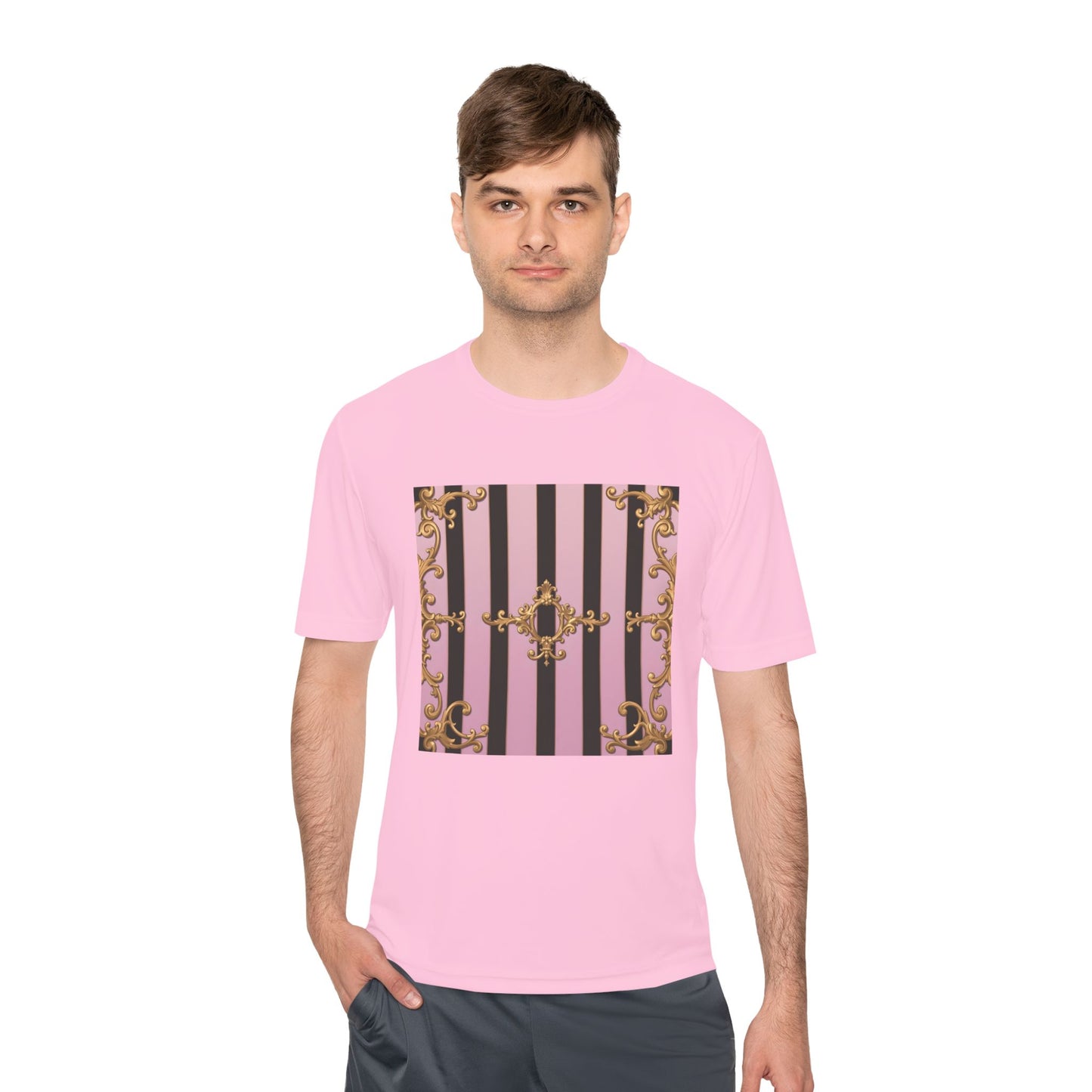 Elegant Striped Unisex Moisture Wicking Tee, Stylish Workout T-Shirt, Fashionable Athletic Top - Matte Lavender & Black Striped Gold Baroque