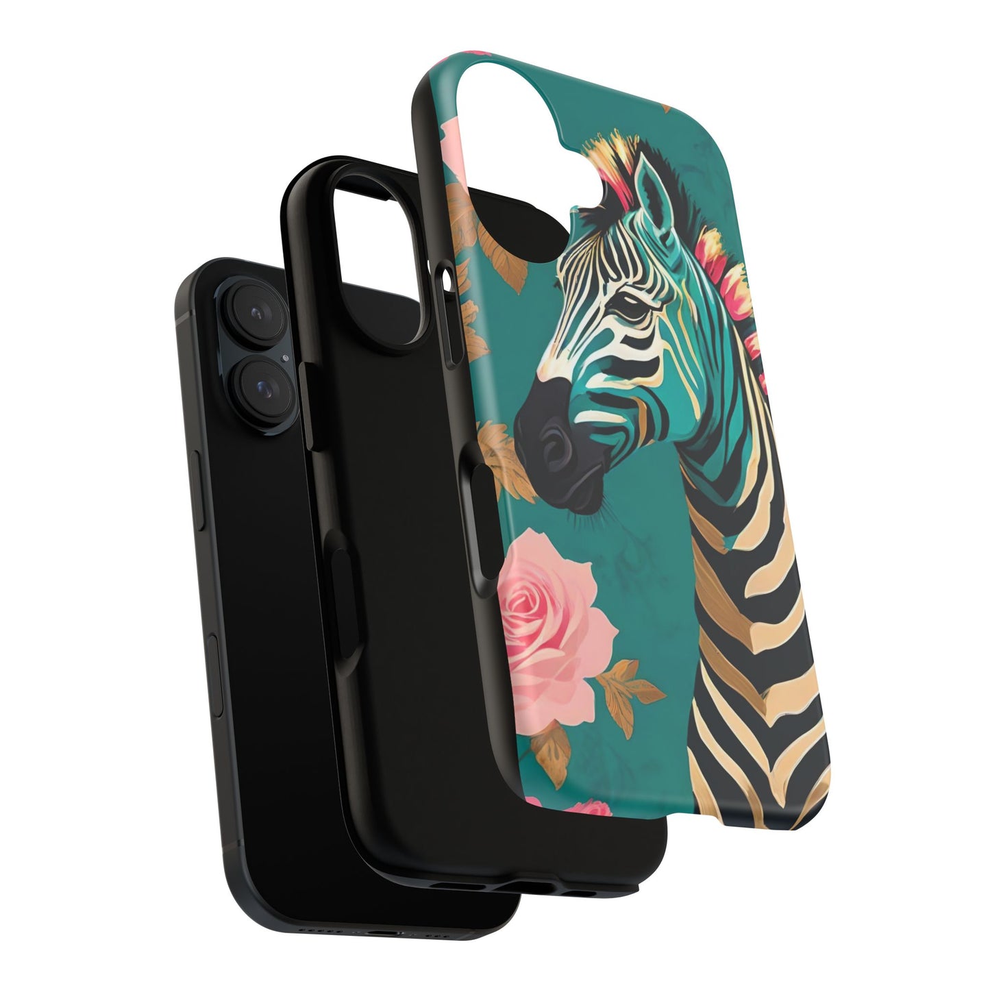 Phone Case - Elegant Teal & Gold Zebra & Roses Design