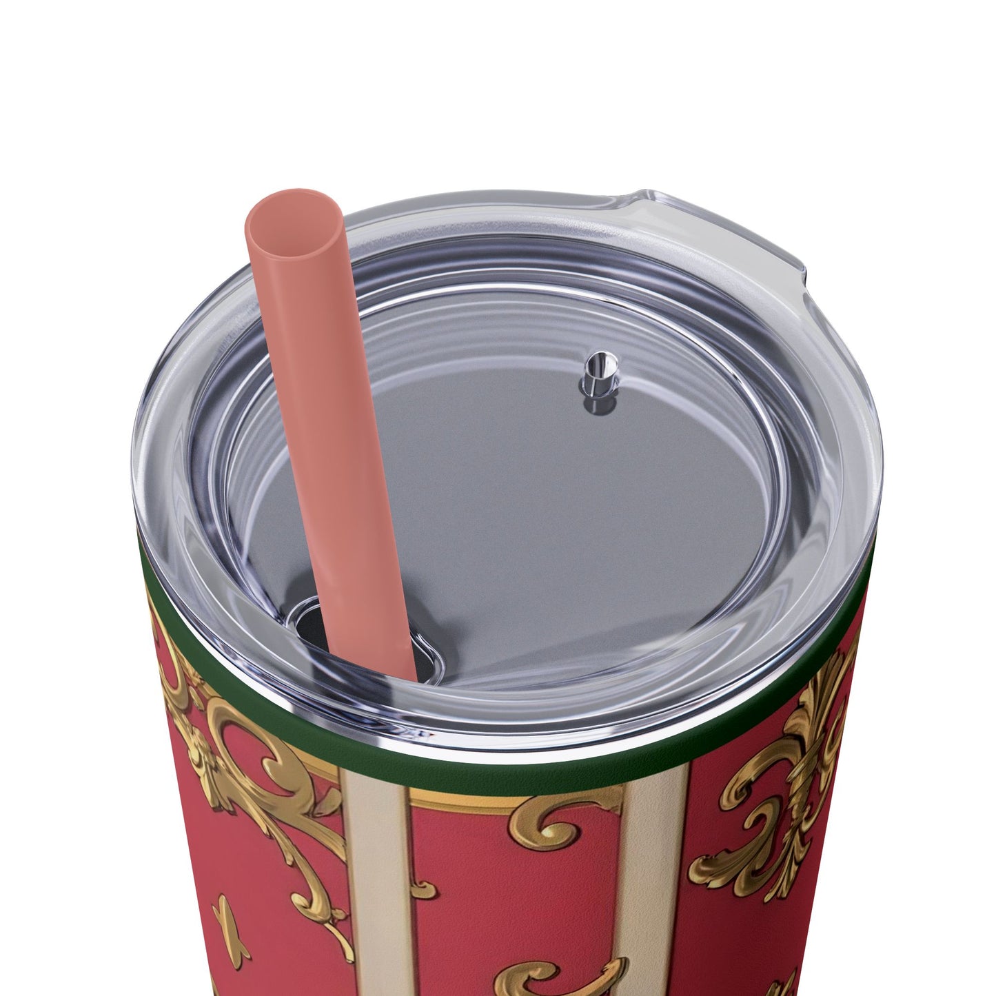 Elegant Green Border Pink Striped Baroque Skinny Tumbler with Straw, Reusable Travel Mug, Gift for Her, Fashionable Drinkware