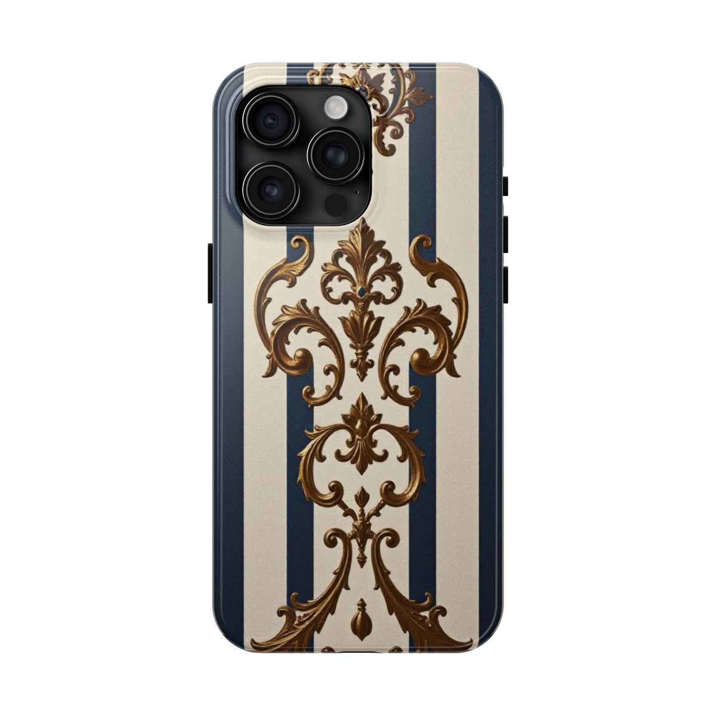 Damask Tough Phone Case - Alabaster & Blue Striped Damask