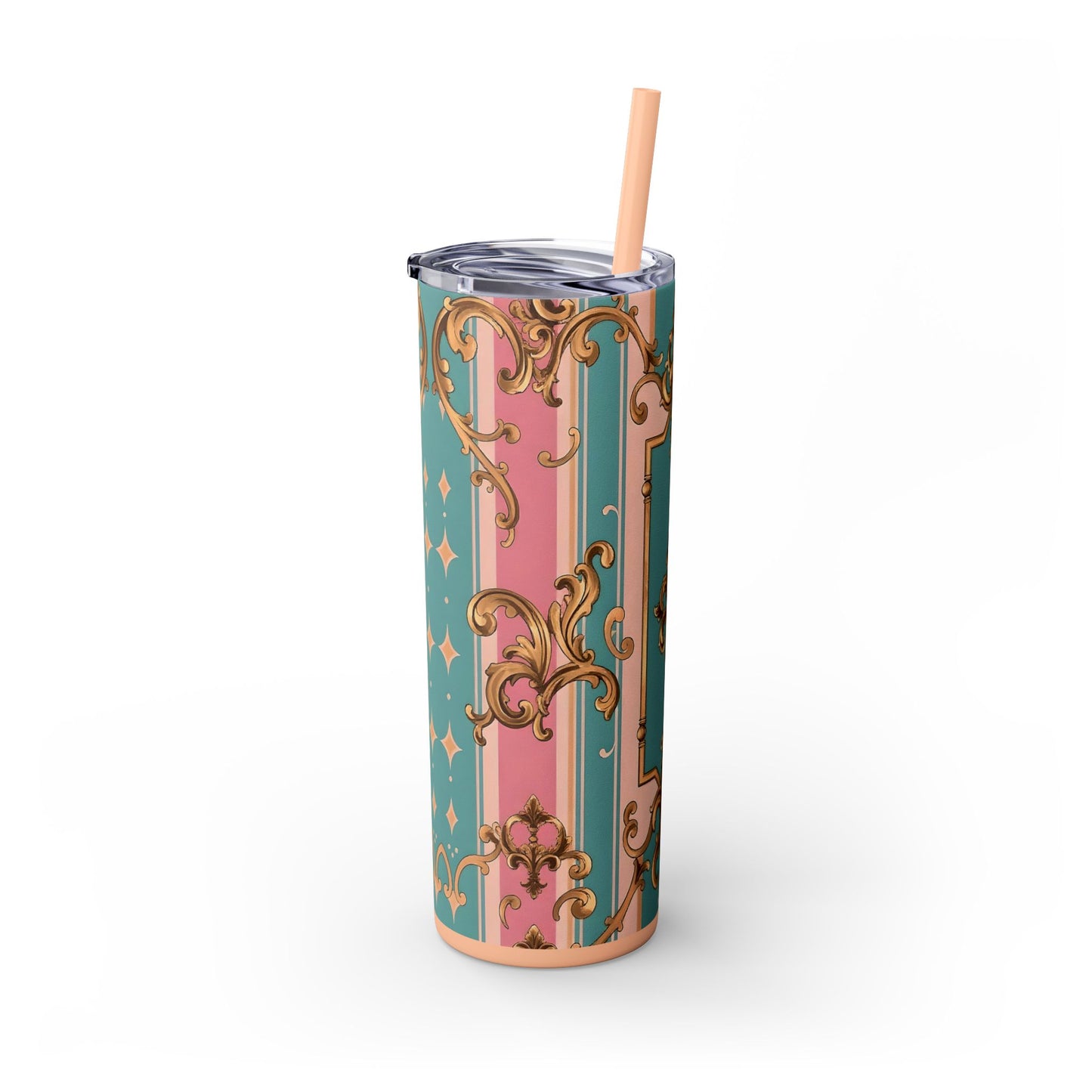 Elegant Floral Skinny Tumbler, 20oz Travel Mug, Stylish Drinkware, Perfect Gift for Her, Vintage Inspired - Pink & Matte Turquoise Striped Rococo