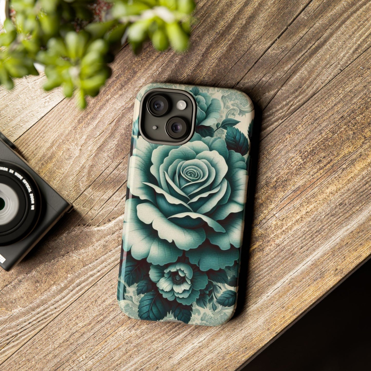 Elegant Floral Motif Phone Case - Tough Cases with Vintage Design - Teal Roses & Damask