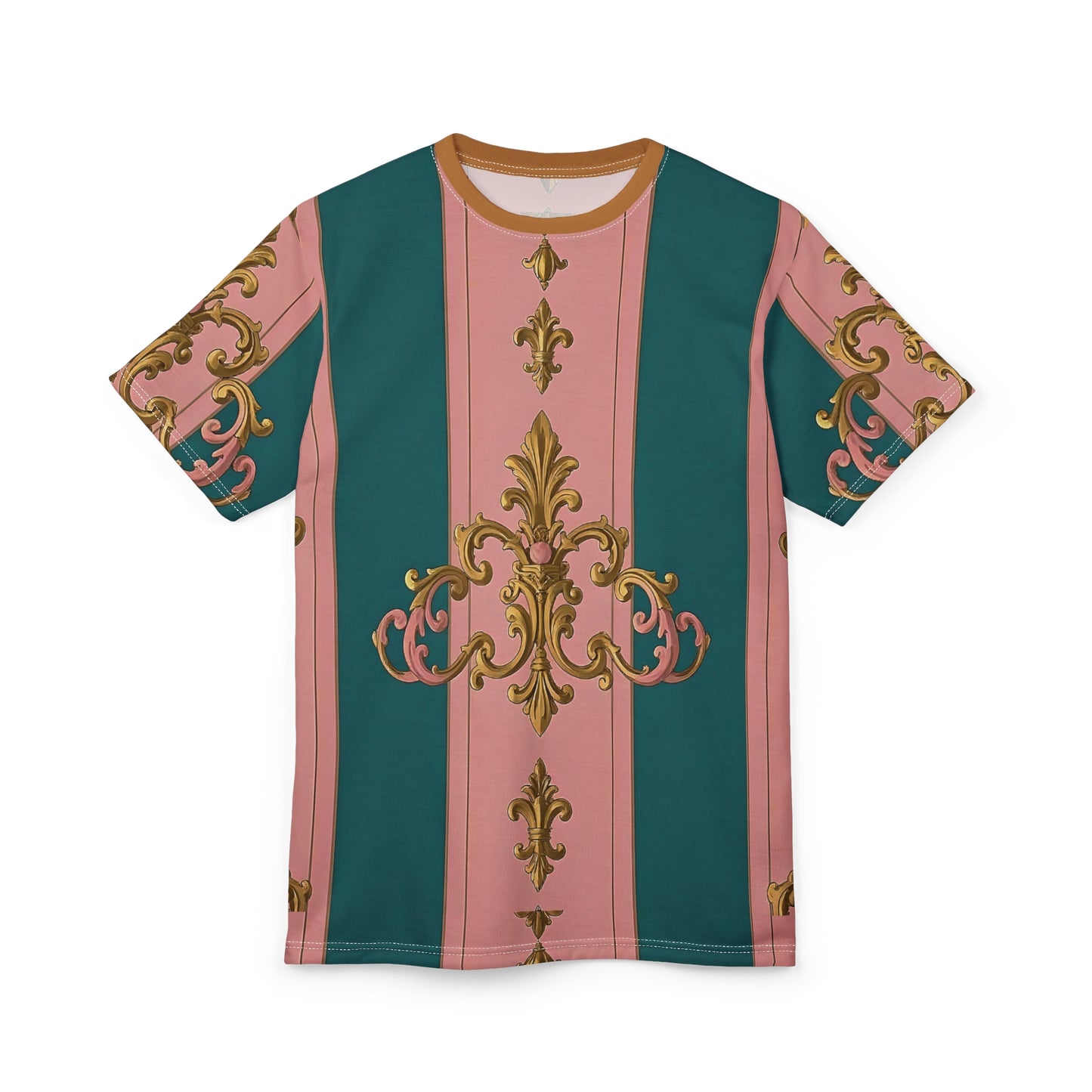 Chic Vintage AOP Tee, Stylish Unisex Cut & Sew T-Shirt, Fashionable Statement Tee - Pink & Teal Striped Gold Baroque
