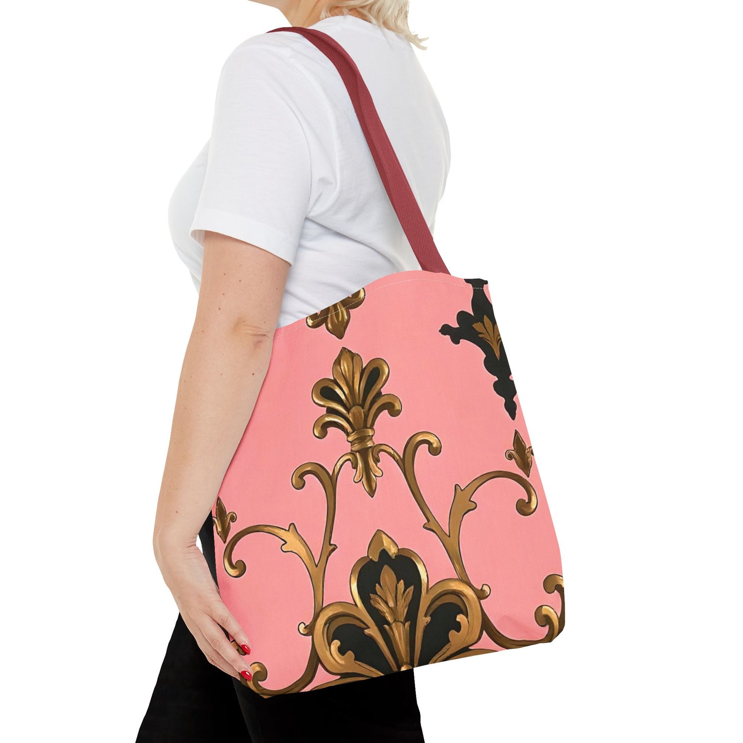 Elegant Patterned Tote Bag - Chic Carry-All for Everyday Use, Fashion Accessory - Pink, Black & Gold Rococo