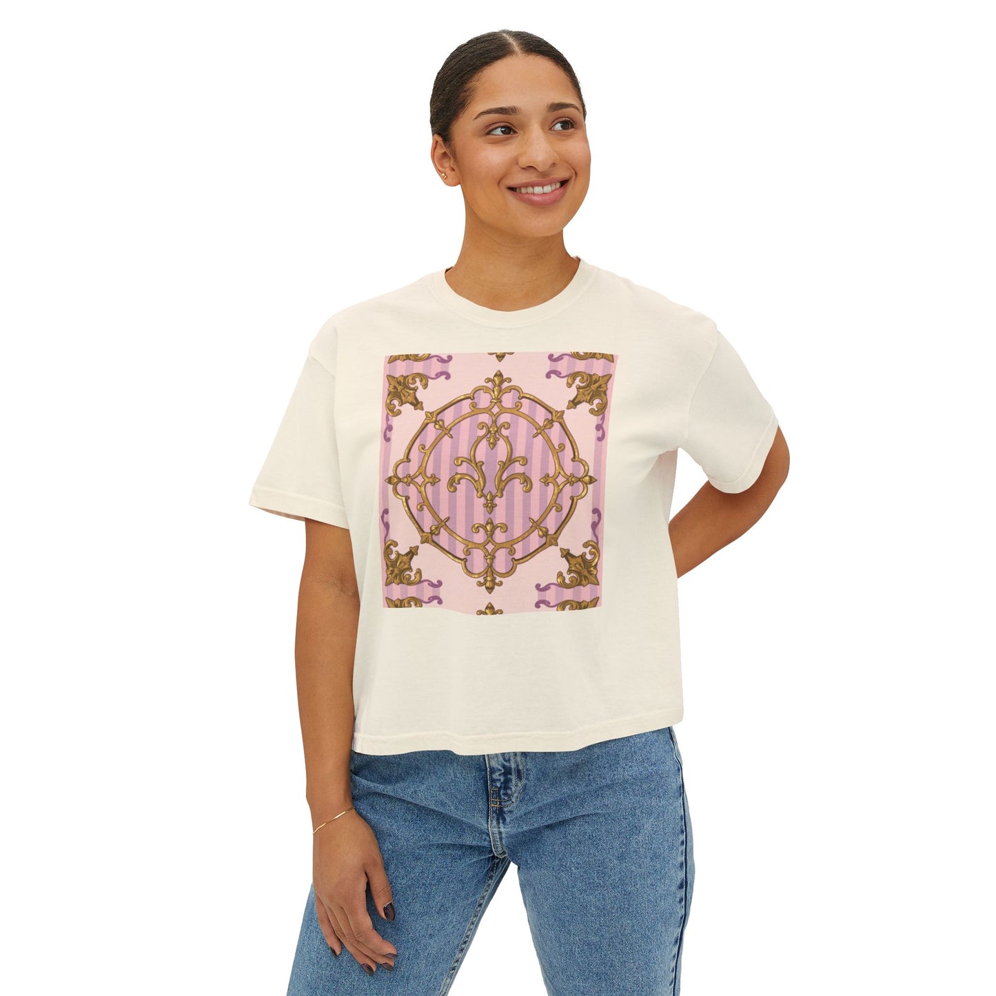 Chic Women's Boxy Tee with Elegant Lavender & Alabaster Striped Gold Baroque Design, Casual Top, Birthday Gift, Stylish Tee, Everyday Wear