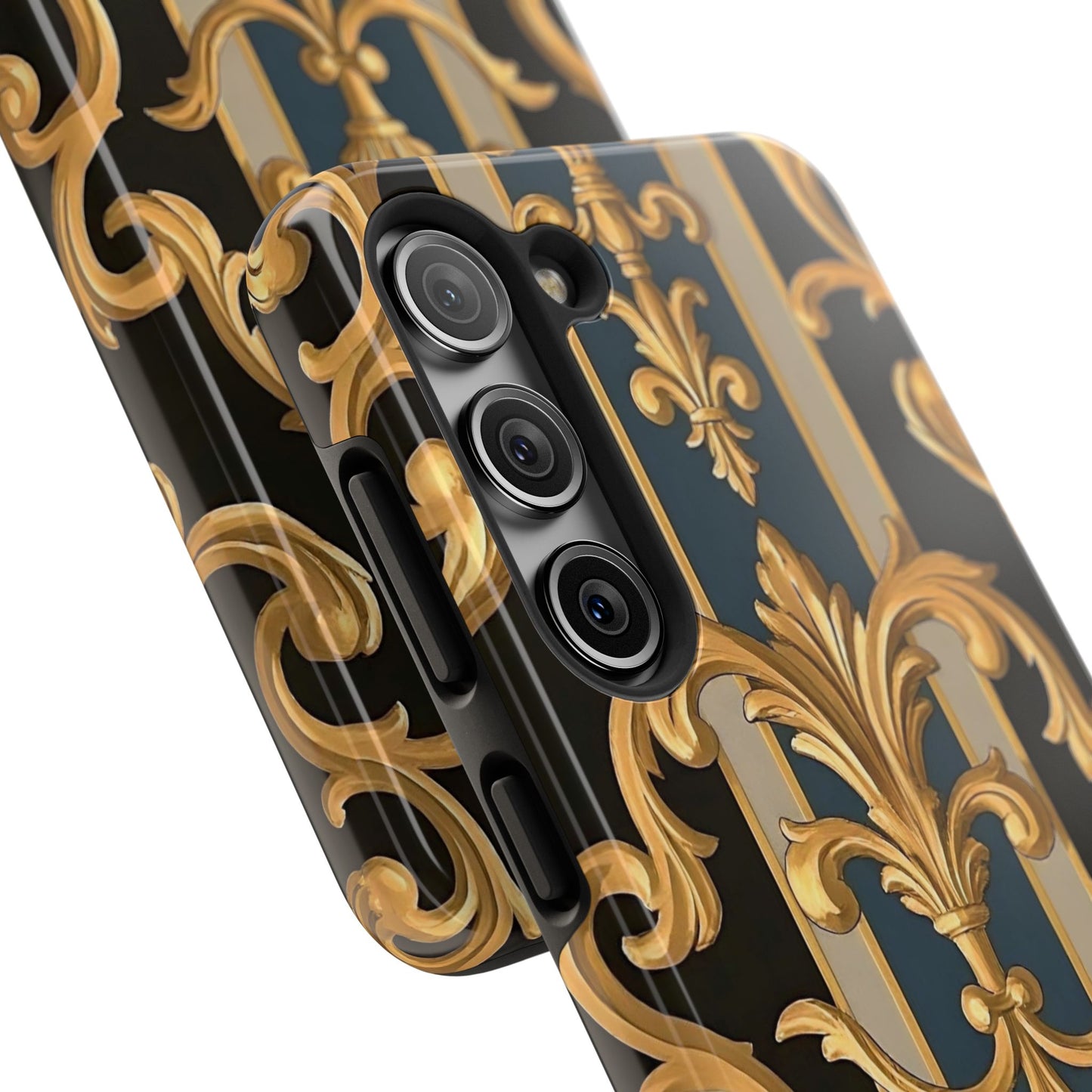 Elegant Rococo Phone Cases, Tough iPhone Case, Floral Design Case, Luxury Phone Cover - Blue & Black Striped Rococo