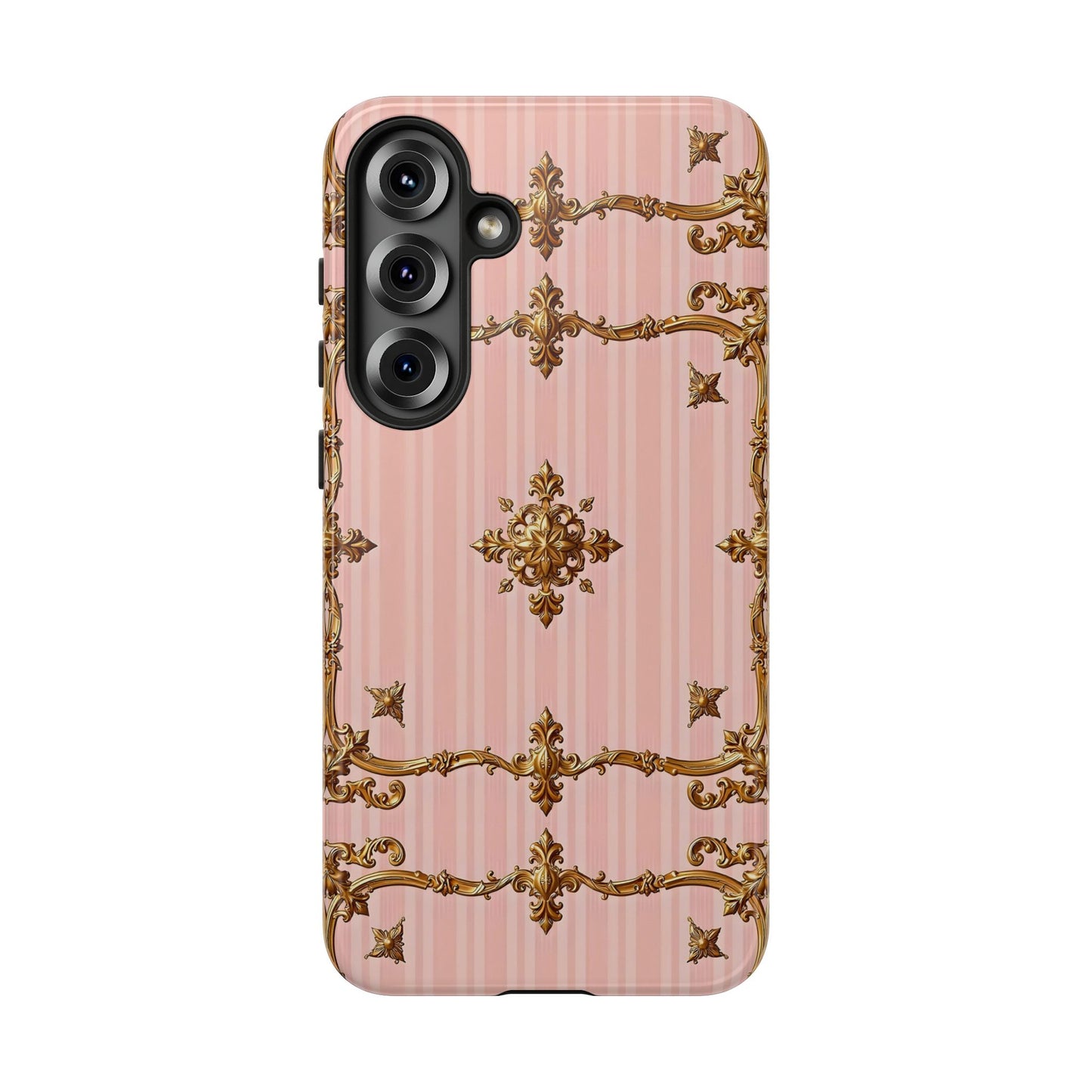 Elegant Floral Phone Case, Tough Cases for Women, Trendy Phone Cover, Chic Gift - Pink Striped Gold Baroque