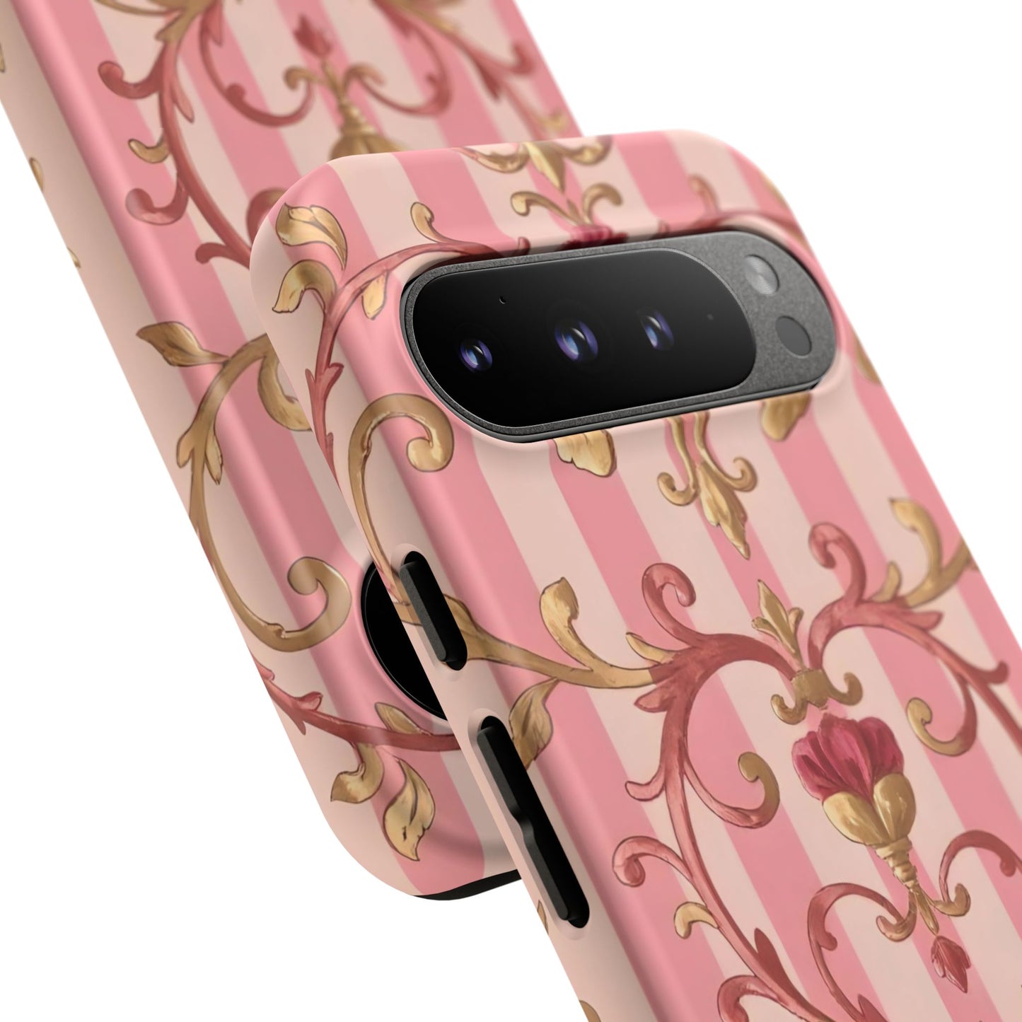 Elegant Floral Motif Phone Case - Tough Cases with Vintage Design - Pink Striped Rose Gold Damask
