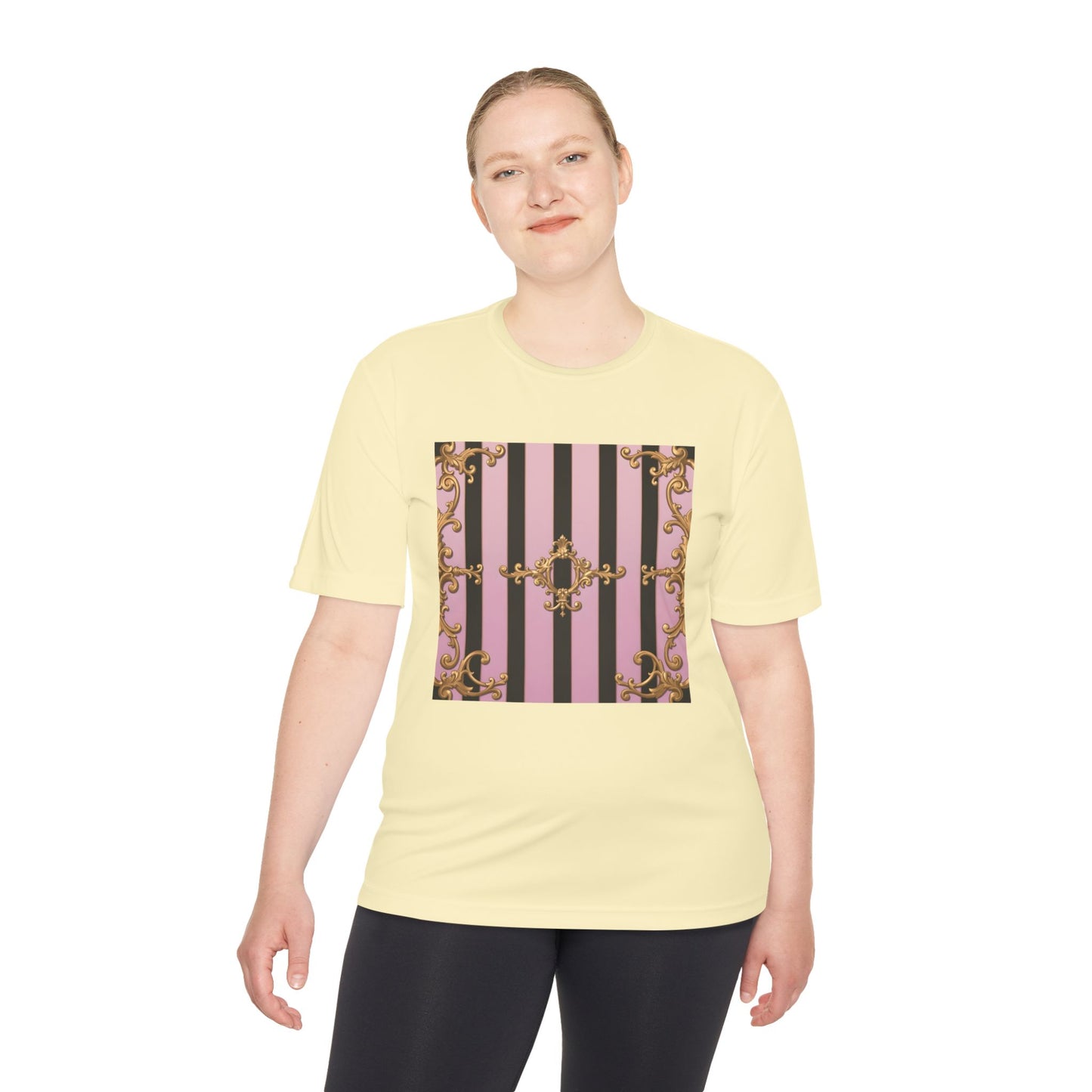 Elegant Striped Unisex Moisture Wicking Tee, Stylish Workout T-Shirt, Fashionable Athletic Top - Matte Lavender & Black Striped Gold Baroque