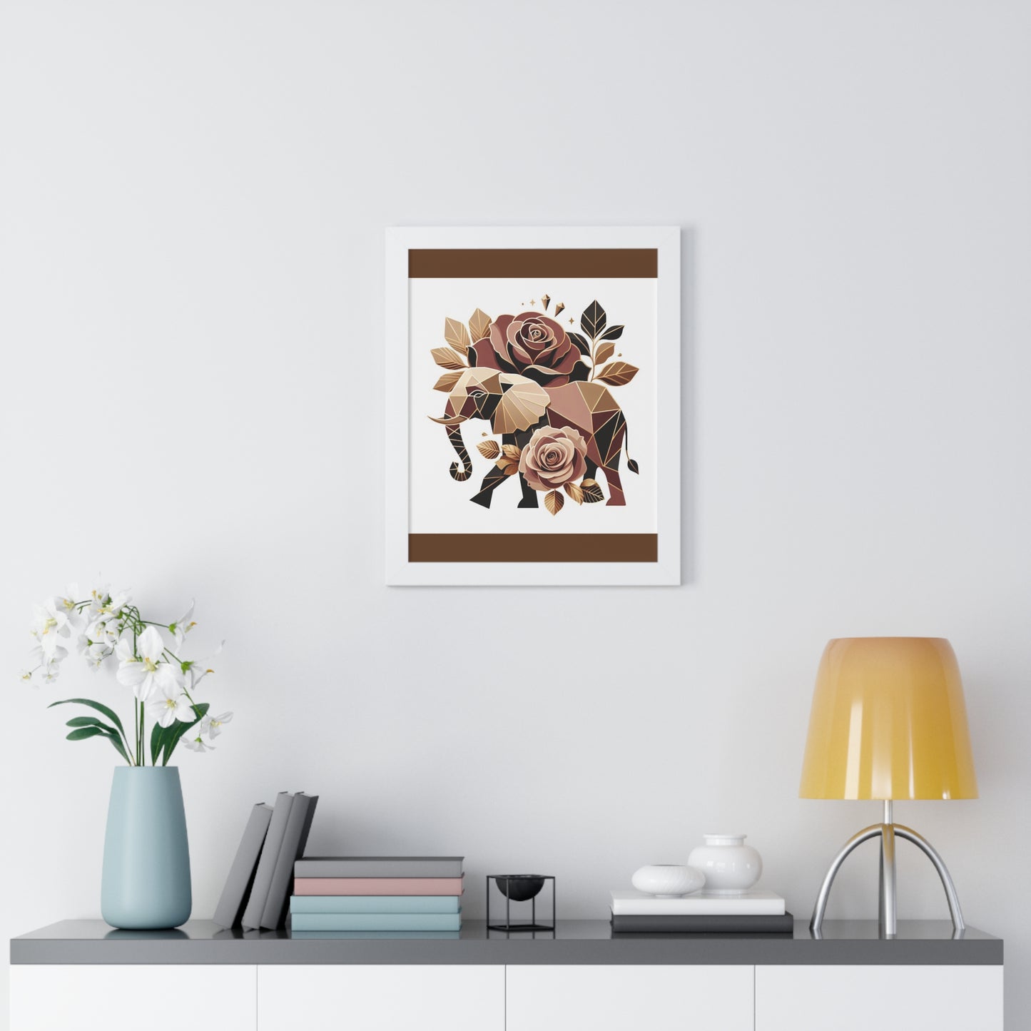 Vertical Poster - Brown & Gold Elephant & Roses Wall Art