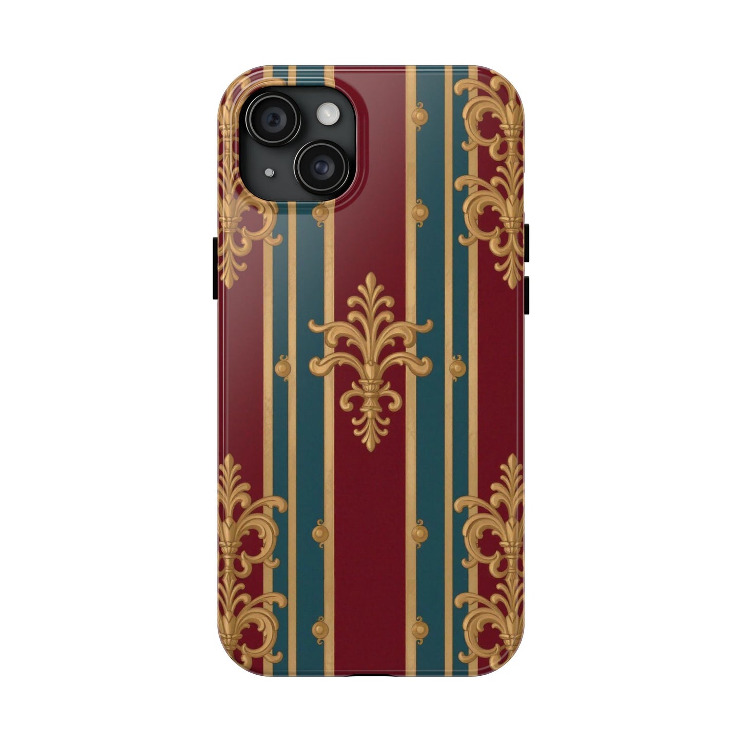 Elegant Vintage Tough Phone Case, Luxury Phone Protection, Stylish Phone Cover, Durable Phone Accessory - Burgundy Striped Gold Baroque
