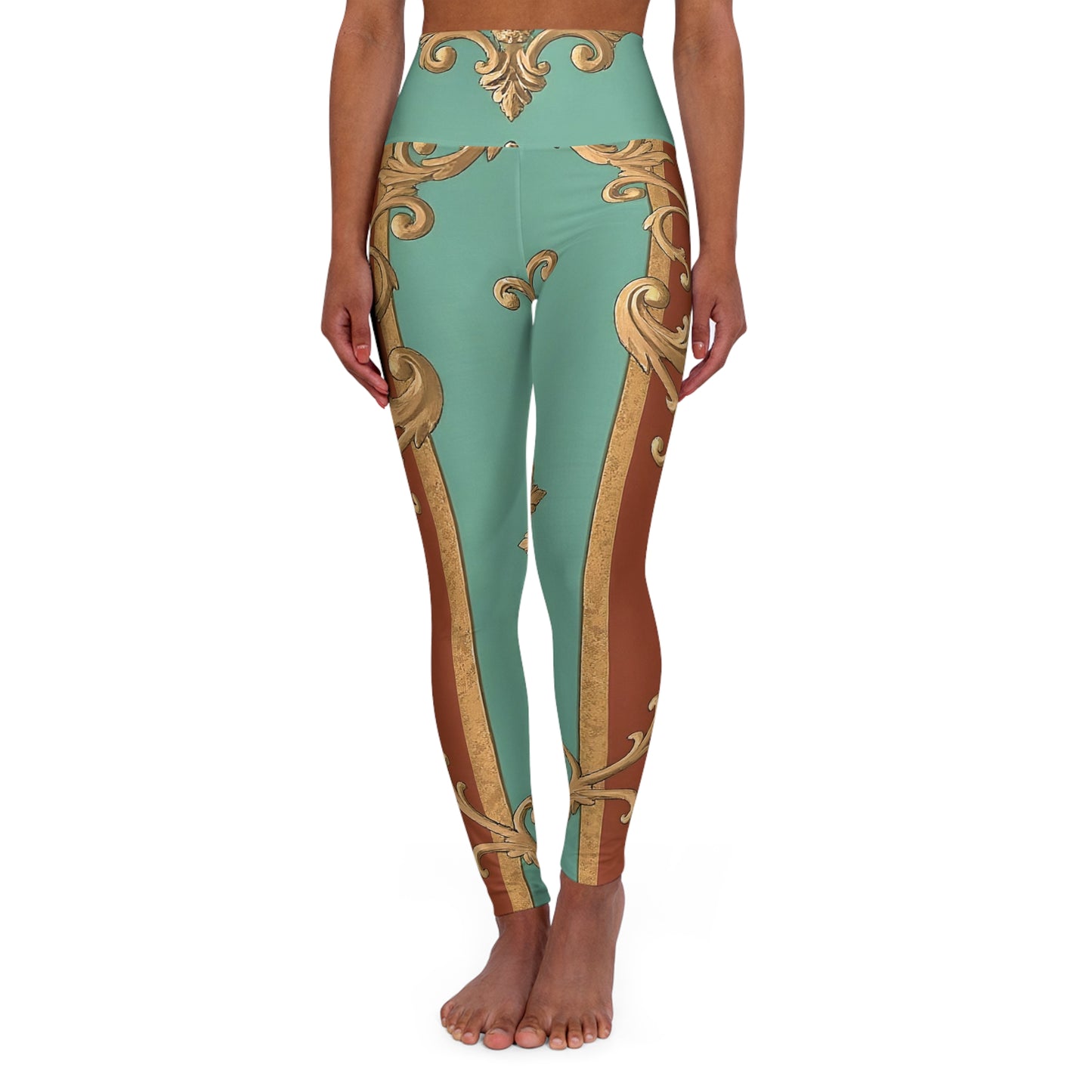 Elegant High Waisted Yoga Leggings with Baroque Design - Perfect for Fitness & Fashion - Rust & Mint Aqua Striped Baroque