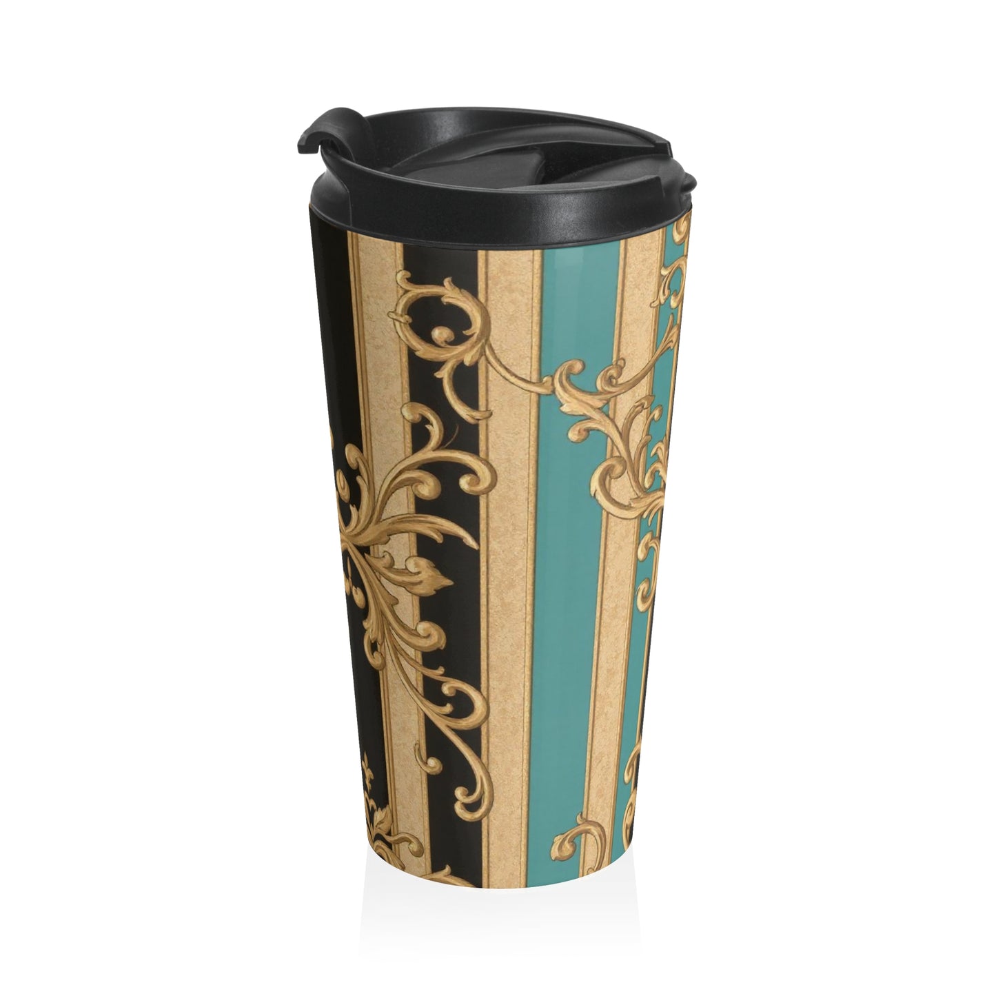 Elegant Black, Tan & Ocean Green Striped Gold Baroque Vintage Floral Stainless Steel Travel Mug | Personalized Travel Cup, Gift for Her