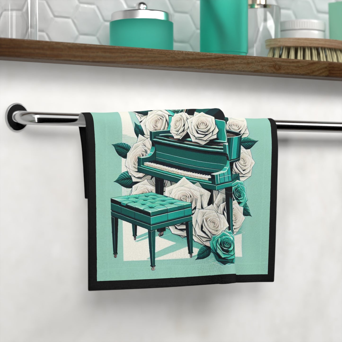 Elegant Aqua Piano and Roses Face Towel - Perfect for Music Lovers and Home Decor, Ideal Gift for Birthdays and Celebrations