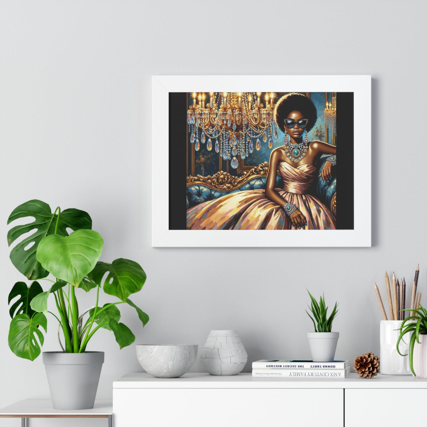 Elegant Framed Art Print | Chic Home Décor, Wall Art for Living Room, Unique Gift, Glamorous Aesthetic, Fashionable - Elegant Lady & Chandelier