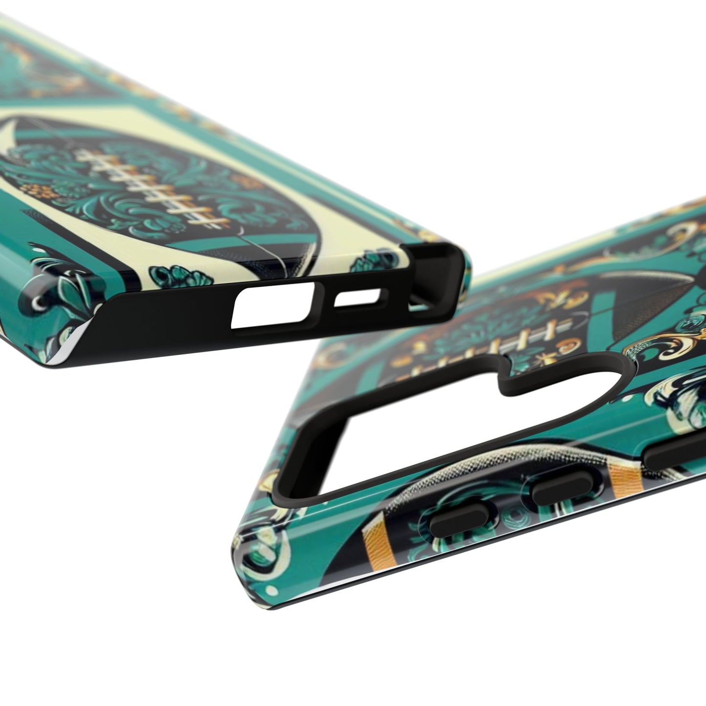 Elegant Floral Motif Phone Case - Tough Cases with Vintage Design -  Damask Teal, Gold & Black Footballs