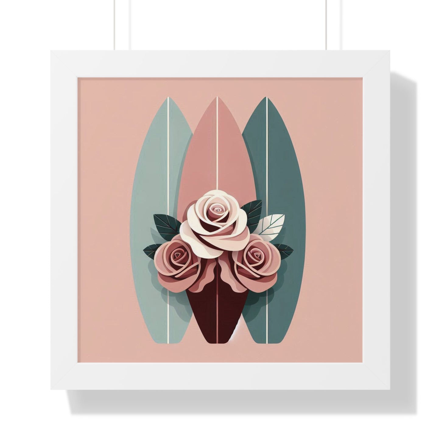 Vertical Poster - Burgundy, Matte Mauve & Teal Surfboard & Roses Wall Art