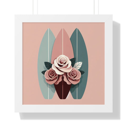 Vertical Poster - Burgundy, Matte Mauve & Teal Surfboard & Roses Wall Art