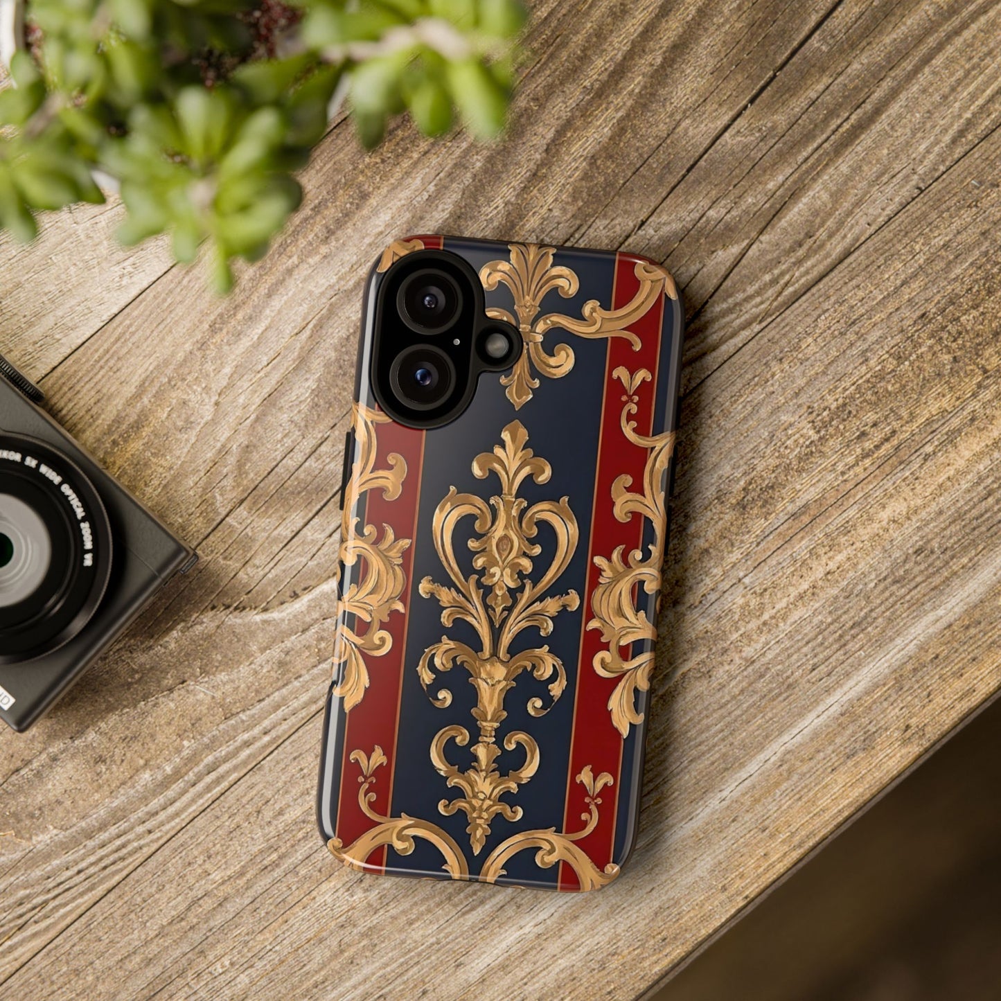Elegant Floral Motif Phone Case - Tough Cases with Vintage Design - Midnight Blue & Dusk Red Striped Gold Damask