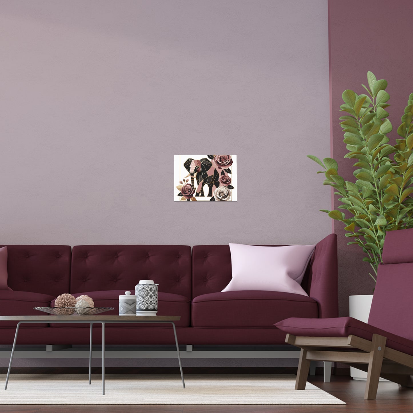 Elegant Floral Silk Poster - Indoor/Outdoor Wall Art for Home Decor - Brown & Mauve Elephant & Roses