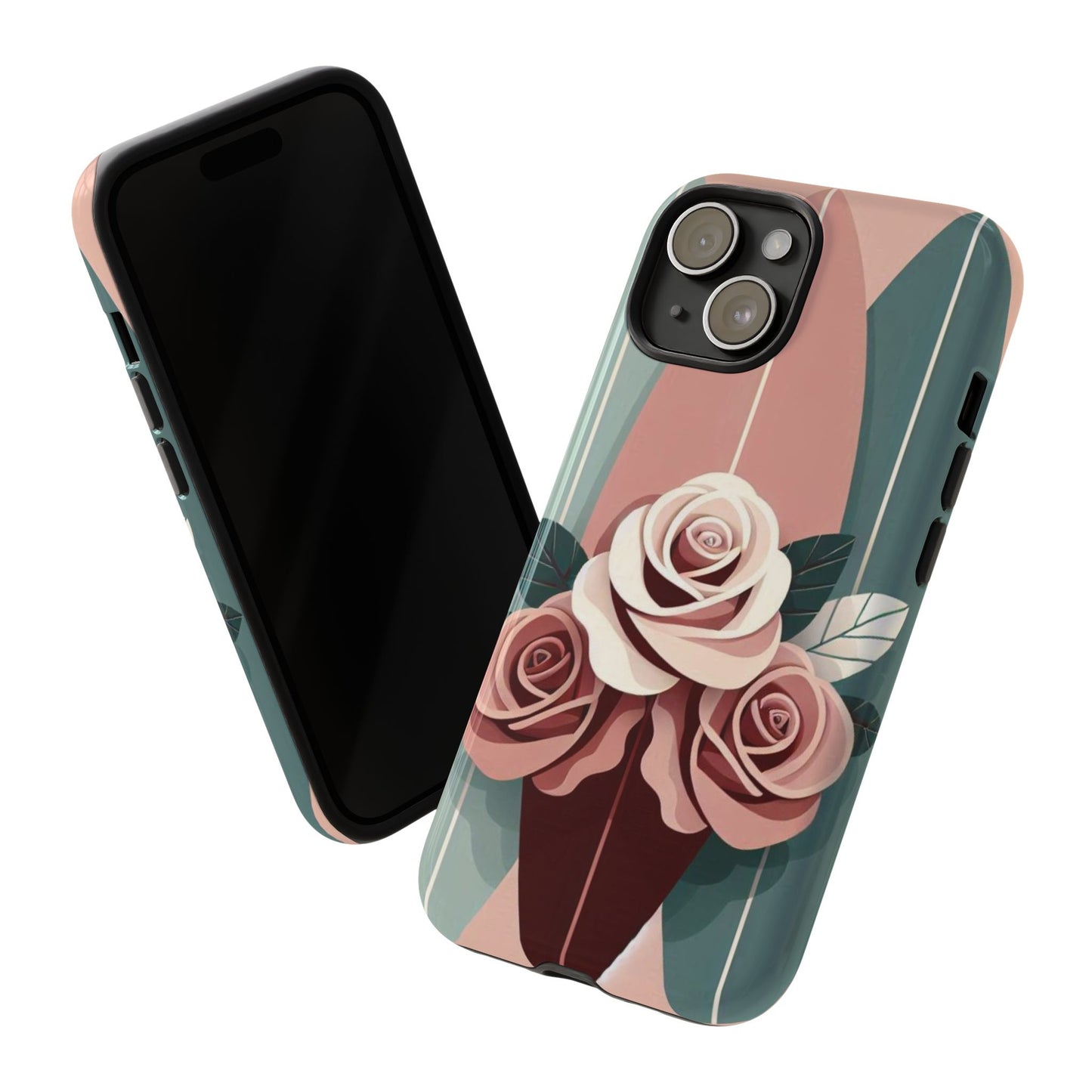 Phone Case - Burgundy, Matte Mauve & Teal Surfboard & Roses Design