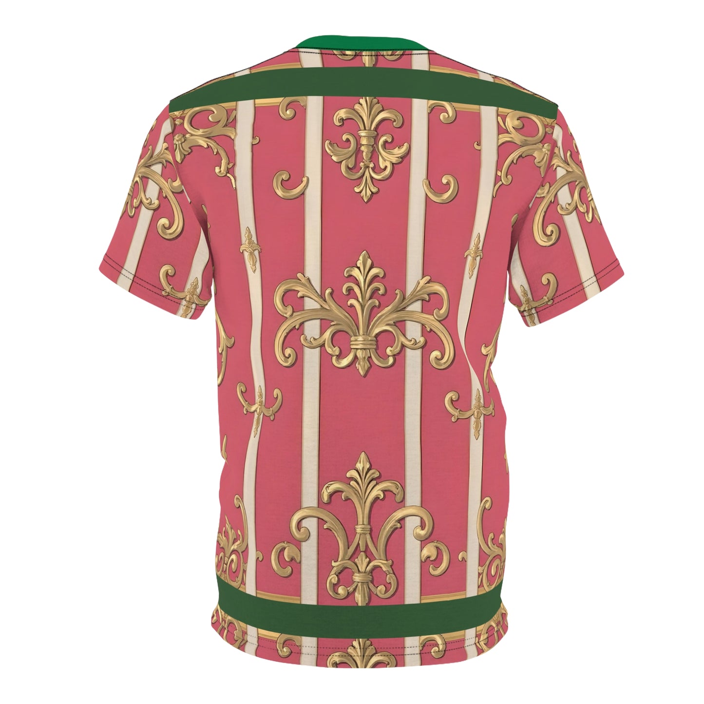 Elegant Green Border Pink Striped Baroque Unisex Tee - Chic Summer Wear, Gifts for Her, Fashion Casual Shirt, Trendy Outfit, Special Occasion Attire