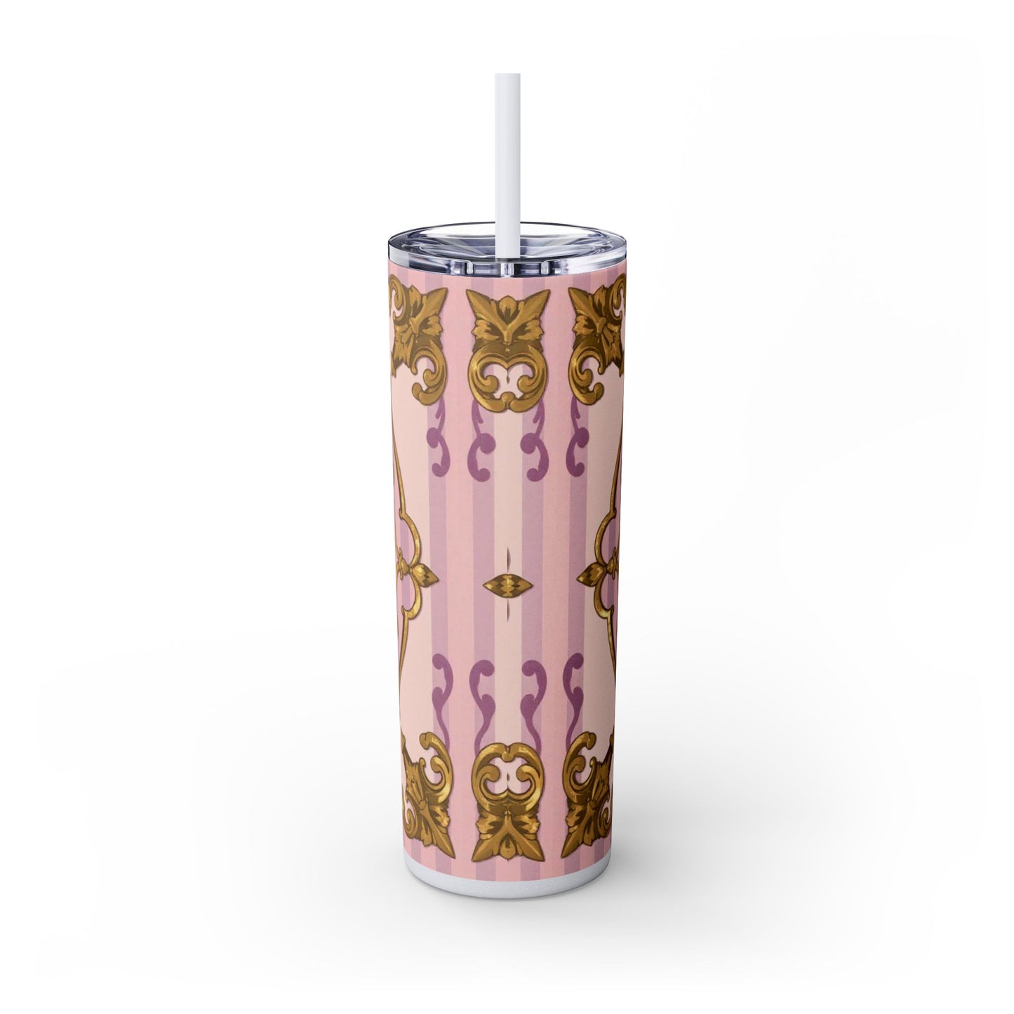 Elegant Lavender & Alabaster Striped Gold Baroque Tumbler - Insulated 20oz Skinny Cup with Straw, Ideal for Gifts, Parties, and Daily Use